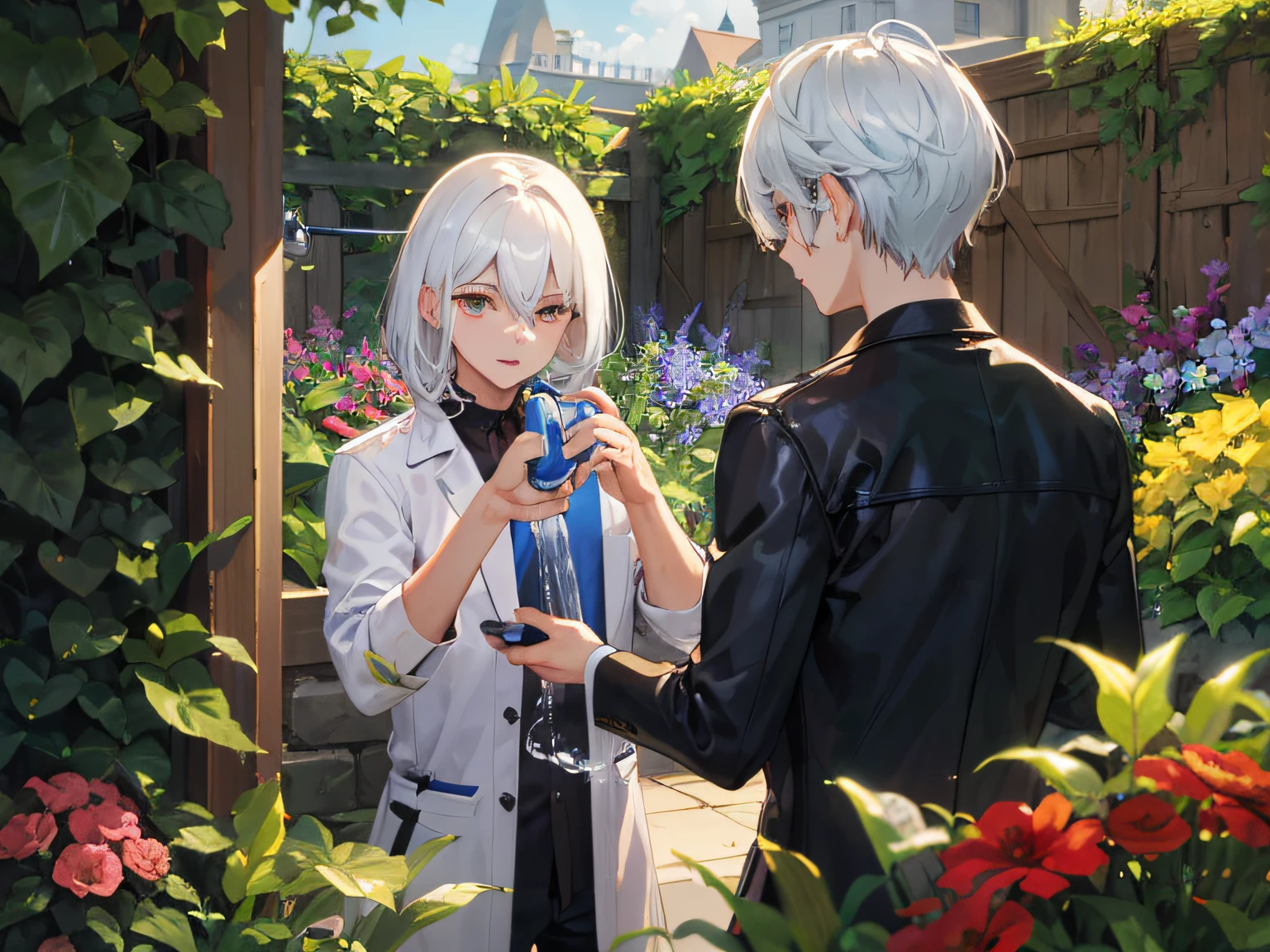 Excellent, masterpiece, white hair, golden eyes, hair, fair skin, man in garden park male bust mirror hand shower watering flowers watering two men