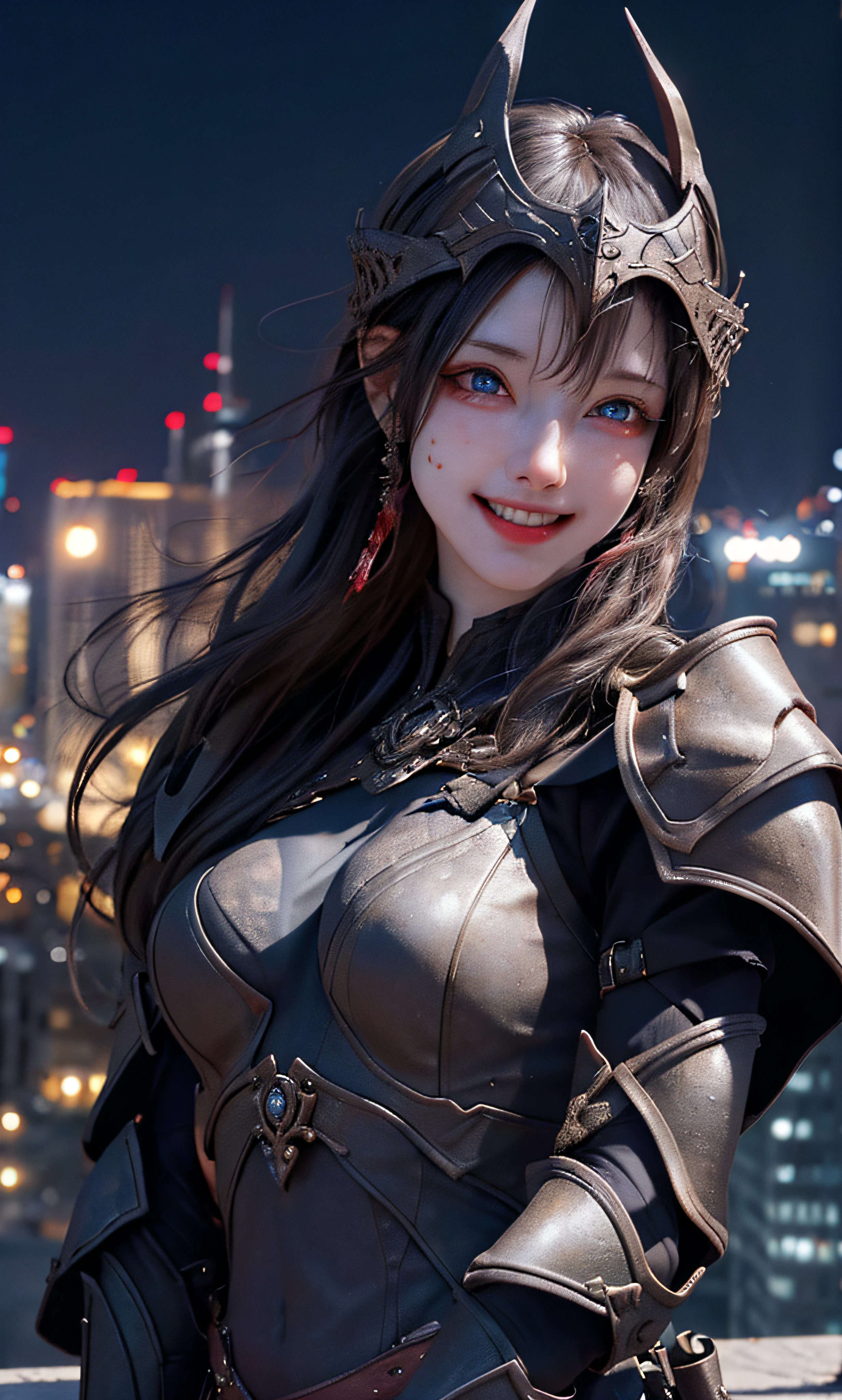 1girl, (wearing bloody demon armor), small breasts, poor breasts, (RAW photo, best quality), (realistic, realistic:1.40), masterpiece, an extremely delicate beautiful, very detailed, 2k wallpaper, amazing, fine details, (full body: 1.0), extremely detailed CG Unity 8k wallpaper, super detailed, high resolution, soft light, beautiful detailed girl, extremely detailed eyes and face, beautiful thin nose, beautiful delicate eyes, movie lighting, city lights at night, perfect anatomy, (smile: 0.8), room,