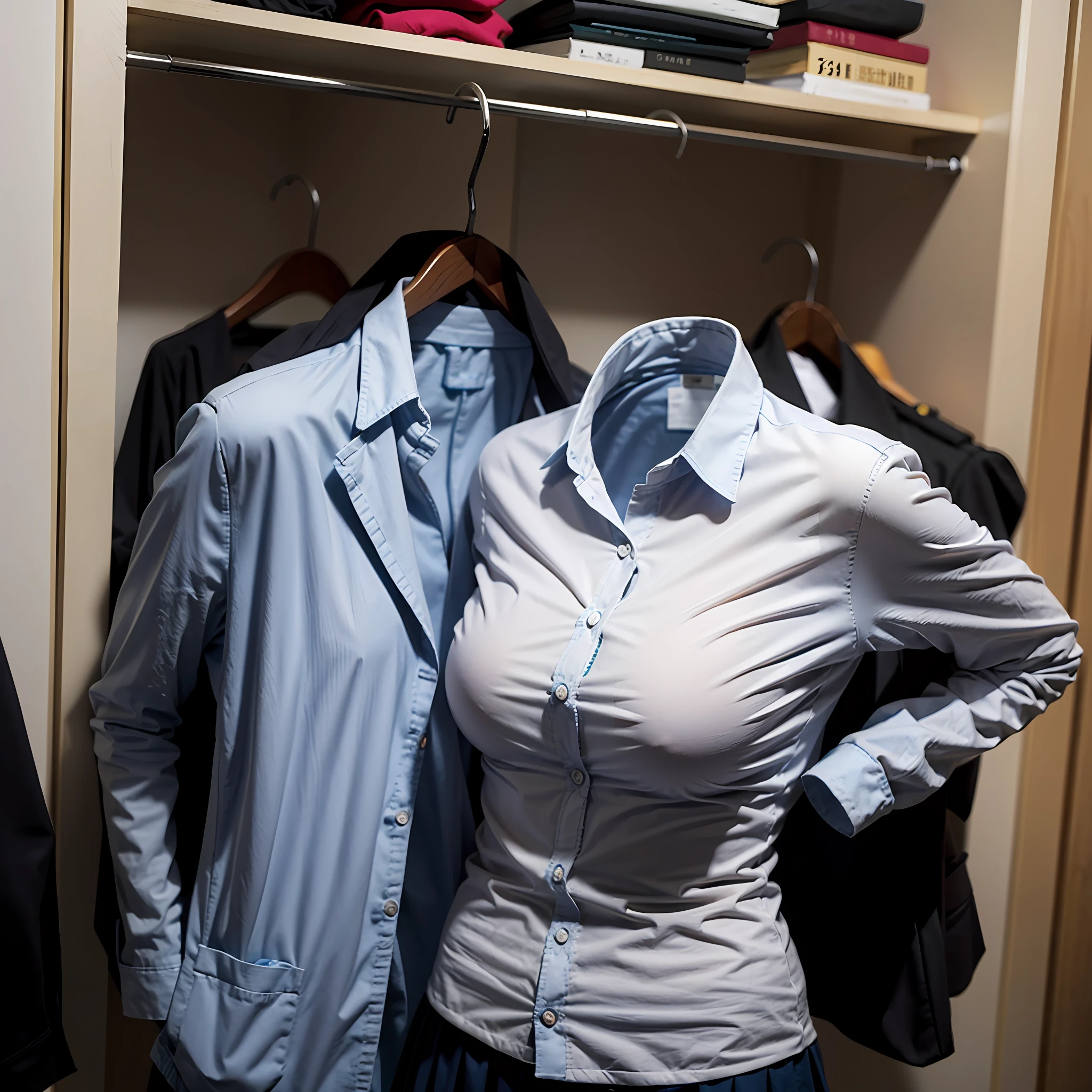 (insanely detailed), (16k), ((no humans)), ((invisible)), ((faceless)), ((headless)), ((empty clothes)), (huge breasts), girls' school uniforms on hangers swells as if possessed by busty invisible girls, huge breasts, (in the closet)