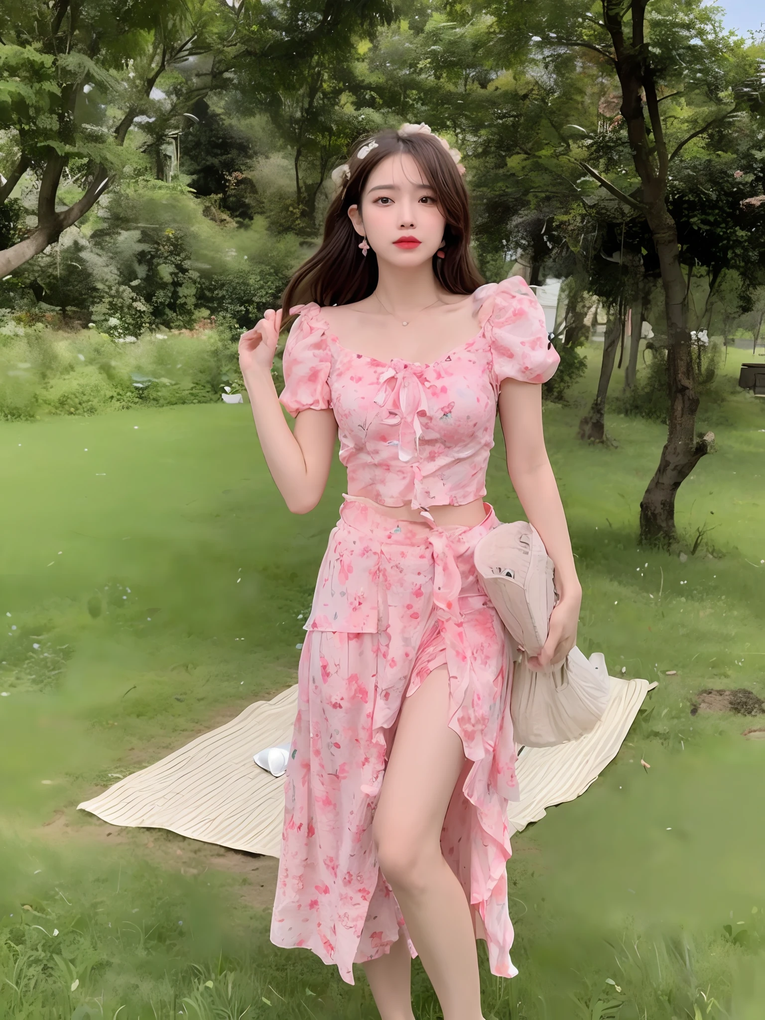 ((Best Quality, 8K, Masterpiece: 1.3)), (Flower Cap: 1.3), Focus: 1.2, Perfect Body Beauty: 1.4, Buttocks: 1.2, (Layered Haircut: 1.2)), (Dark Street: 1.3), Highly detailed face and skin texture, Full body, Fine eyes, Double eyelids, Whitened skin, Long hair, (Round face: 1.5), (Loose crop top, Shorts: 1.6) cleavage protruding pleated skirt Big breasts leaking long legs