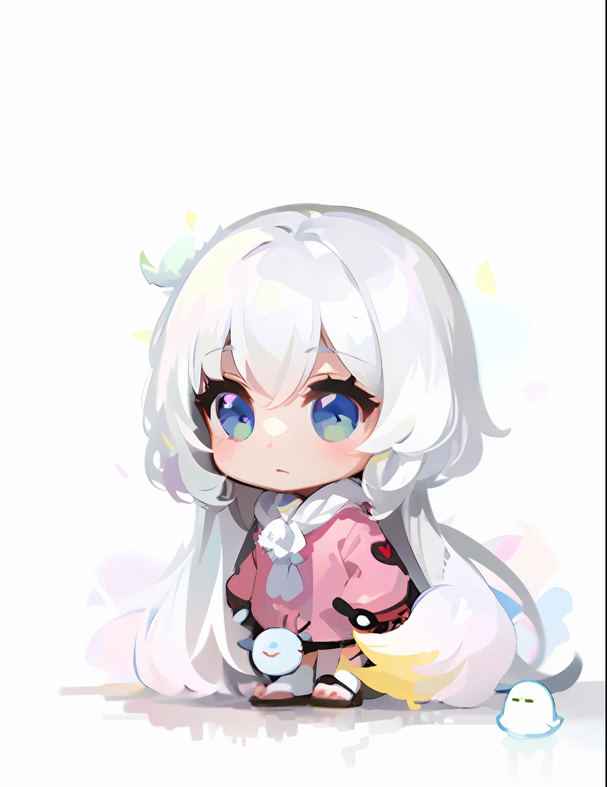 1 girl,white hair,pink dress, inspired by Takehisa Yumeji, visual novel sprite, white haired deity, style of maplestory, pale young ghost girl, chibi, sakimi chan, (maplestory)