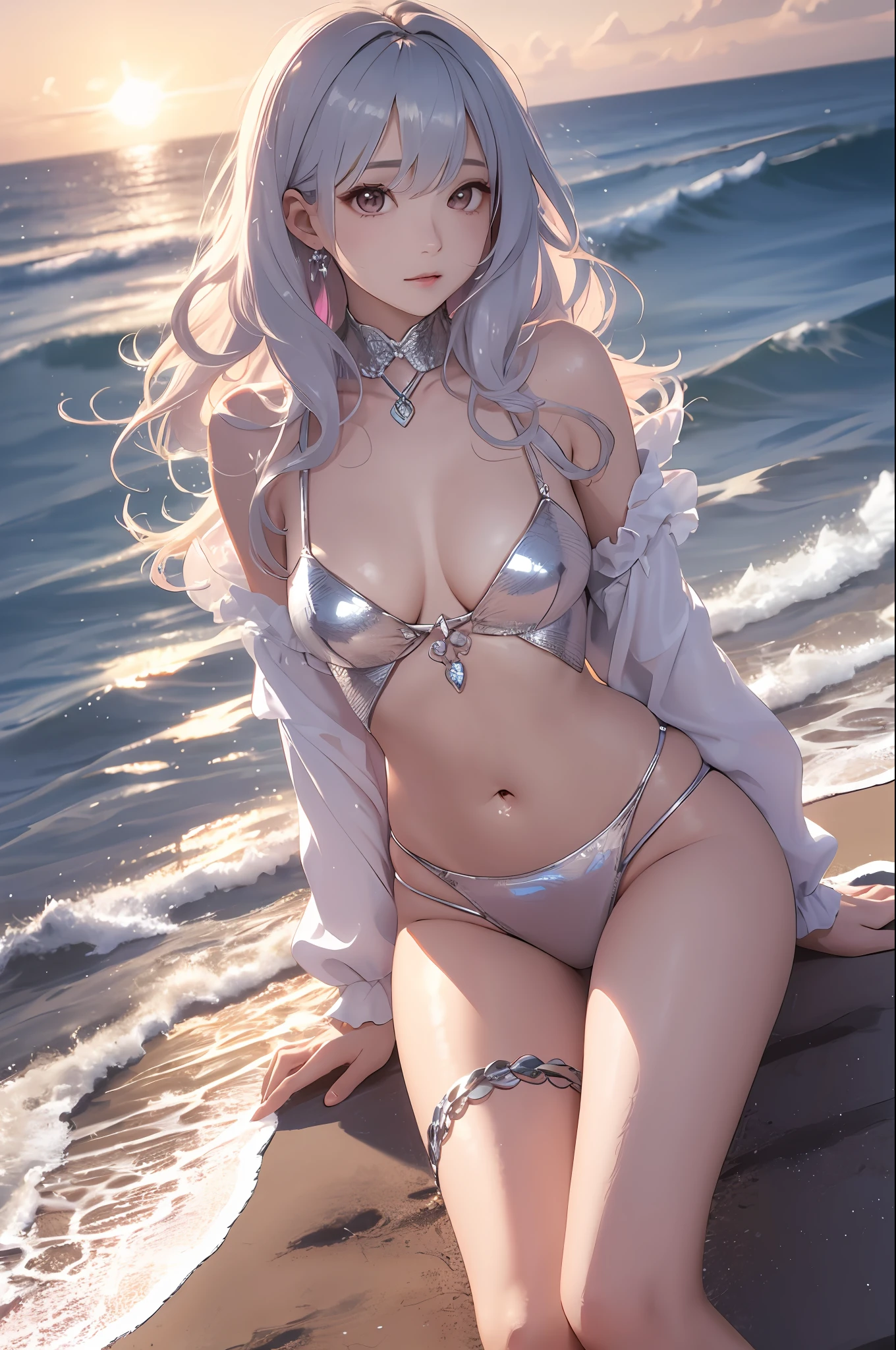 1girl, colorful strands of hair, lustrous skin, angelic, glare, sunshine, silver pink gradient hair, seaside, bare legs