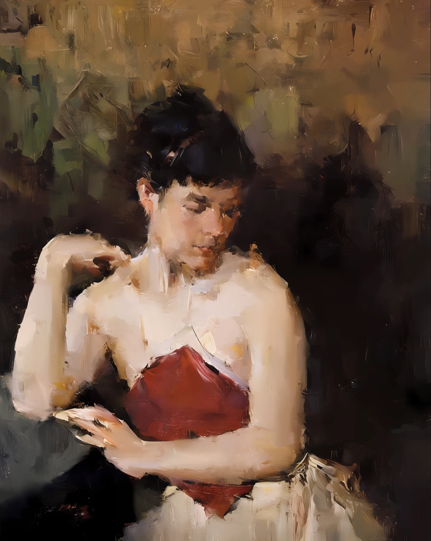 The light is dim, the oil painting is light in color, realistic oil painting, the reflection is school, the pixels are low,
