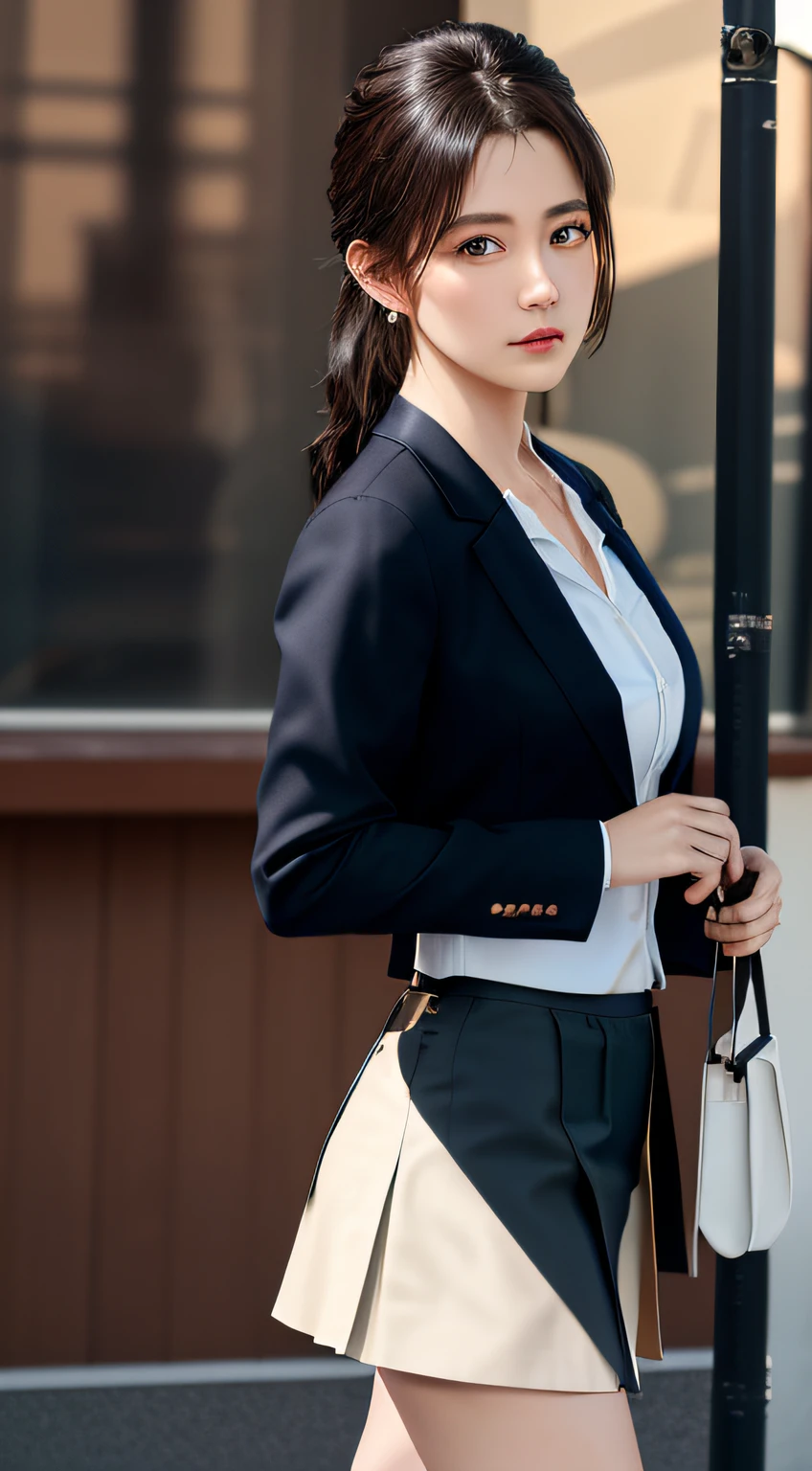 Top Quality, Masterpiece, 1 Girl, Beautiful Face, (Photorealistic Picture:1.3), Rim Lighting, (High Detail Skin:1.2), 8K UHD, DSLR, High Quality, High Resolution, 4K, 8K, Bokeh, Absurdity, Best Ratio Four Fingers and One Thumb, (Real:1.3), Cute 1 Girl, AO wearing formal blazer, Midchest, Short skirt,