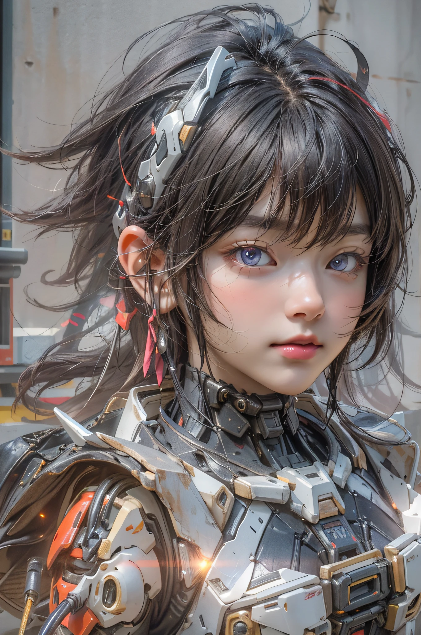 Top Quality, Masterpiece, Ultra High Resolution, (Photorealistic: 1.4), Raw Photo, 1 Girl, Black Hair, Glossy Skin, 1 Mechanical Girl, (Ultra Realistic Detail)), Portrait, Global Illumination, Shadows, Octane Rendering, 8K, Ultra Sharp, Big, Cleavage Exposed Raw Skin, Metal, Intricate Ornament Details, Japan Details, Very intricate details, realistic light, CGSoation trend, purple eyes, glowing eyes, facing the camera, neon details, mechanical limbs, mechanical, standing, wires and cables connecting to the head, gundam, small LED lamps, neon light, 1 Mecha, sharp eyes, human mouth, mecha body, mechanical body, gundam suit,, great hair, straight body mecha, mecha, neon body, anime girl with a futuristic body and a gun in her hand, portrait anime space cadet girl, cyberpunk anime girl mech, guweiz on artstation pixiv, mechanized soldier girl, guweiz on pixiv artstation, detailed digital anime art, cute cyborg girl, girl in mecha cyber armor, perfect android girl, anime mecha aesthetic, Extremely cute human eighteen  old man face, human torso, human abs, human abdomen, human hips, robotic arms, mechanical legs, arms and legs with hard white shiny shell and black joints, very beautiful and male, short, petite, small, small, medium bust, cleavage display, flat belly display, partial helmet with antenna on the ear, black robot joints, very stylish, award-winning product design, black rubber tights, Shiny white metal cuirass opens at cleavage and belly, white metal rump with folds, armor with stylish, glowing trim, mecha fox tail