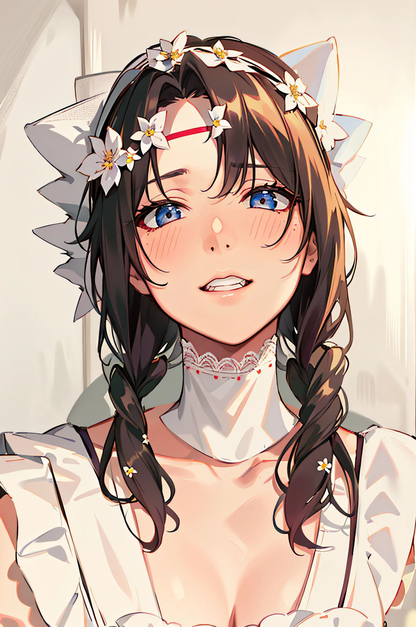HD, (Best Detail) (Best Quality), (((Maid Outfit))), Headdress, Headband, Frilled Skirt, Maid Apron, Lace Choker, Bow, (Maid Uniform: 1.1), Blush, There is a woman with a flower crown on her head,