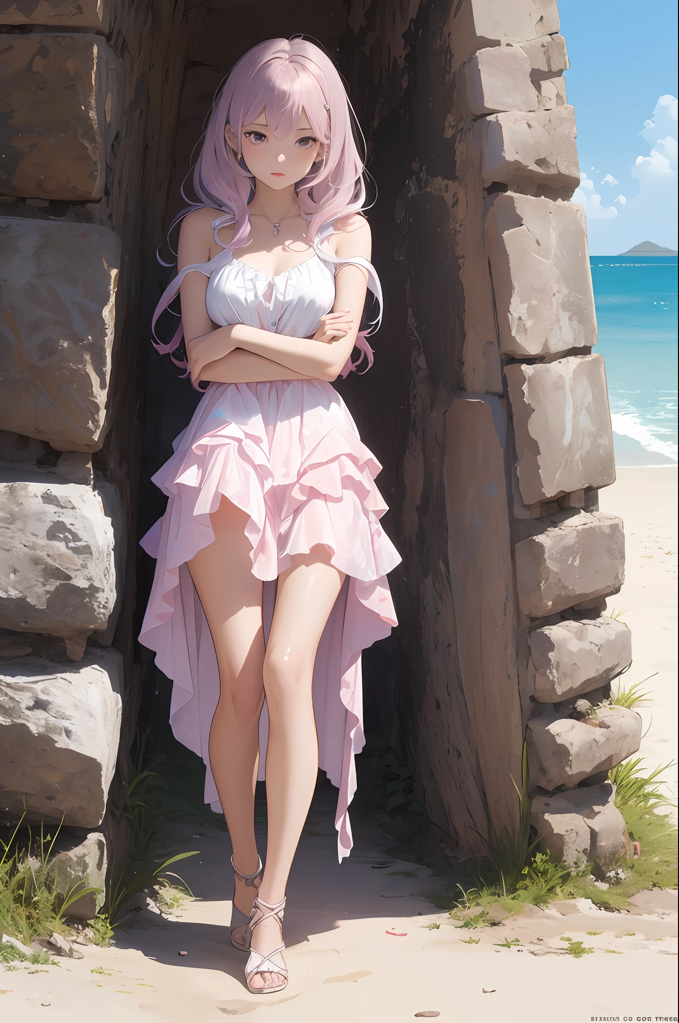 1girl, colorful strands of hair, lustrous skin, angelic, glare, sunshine, silver pink gradient hair, seaside, bare legs