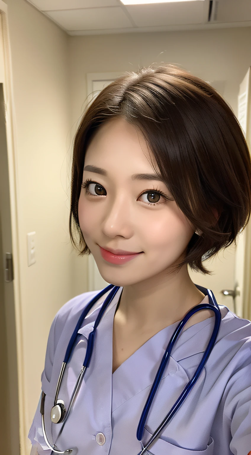 ((Top Quality, 8k, Masterpiece: 1.3)), Sharp Focus, One Girl, Slim Beauty: 1.2, Brown Hair, Delicate Hair, (Big: 1.5), (Layered), (Short Cut), Detailed Eyes, Double Eyelids, Pretty Smile, Close Mouth (Cute), Soft Skin, Body Full Body, Ultra Realistic, Detailed Hospital Room, (Cute Short-haired Female Doctor Coming for Detailed Rounds), ( Detailed female doctor's uniform), upper eyes