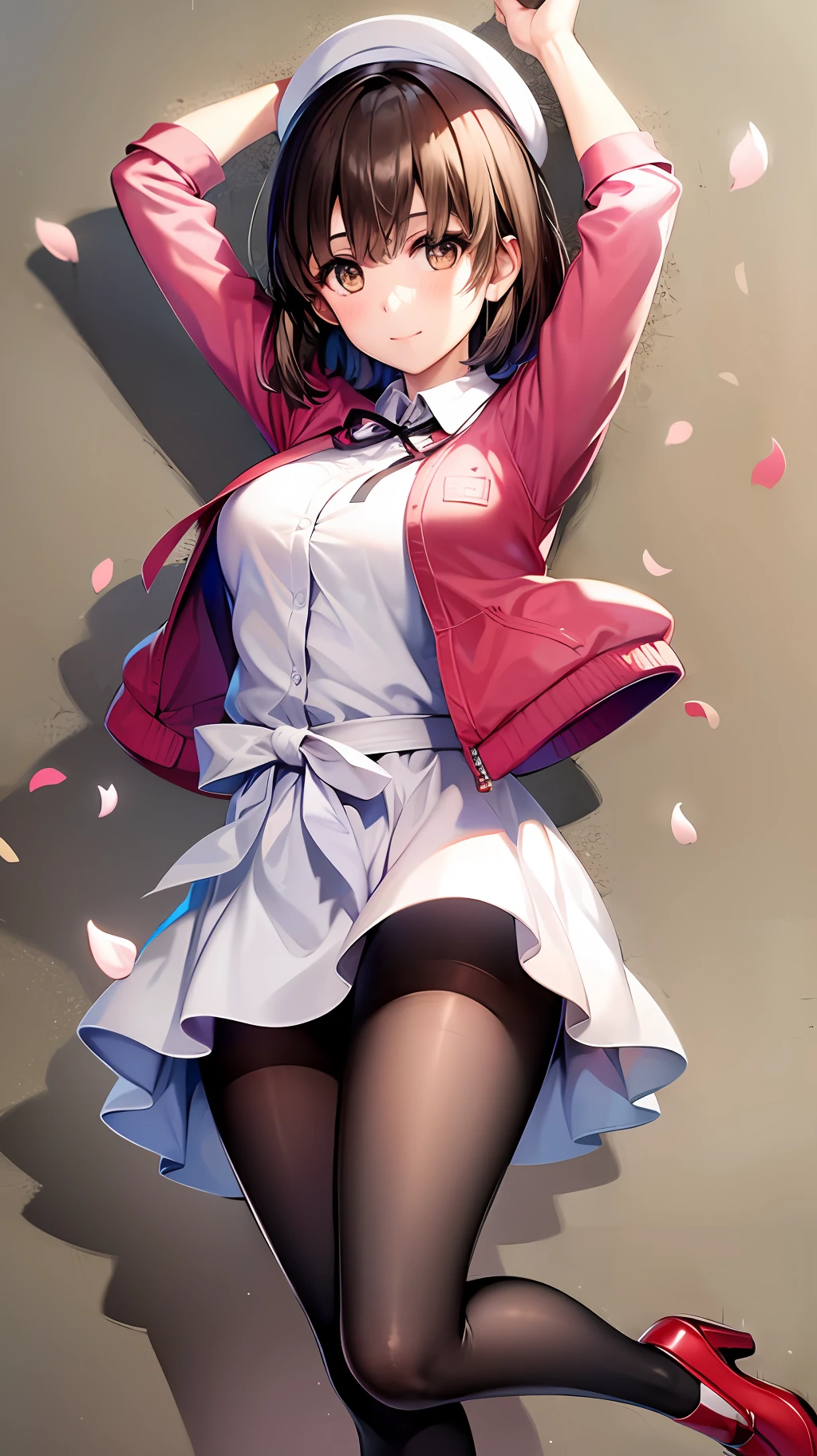 Masterpiece, highres, best quality, 1girl, solo, hat, brown hair, brown eyes, bangs, blush, smile, short hair, dress, looking at viewer, shoes, bag, jacket, socks, flower, long sleeves, white socks, petals, arms up, simple background, mary janes, white headwear, white background, open clothes, medium breasts, closed mouth, breasts, open jacket, white dress, headwear removed, holding, hat removed, red footwear