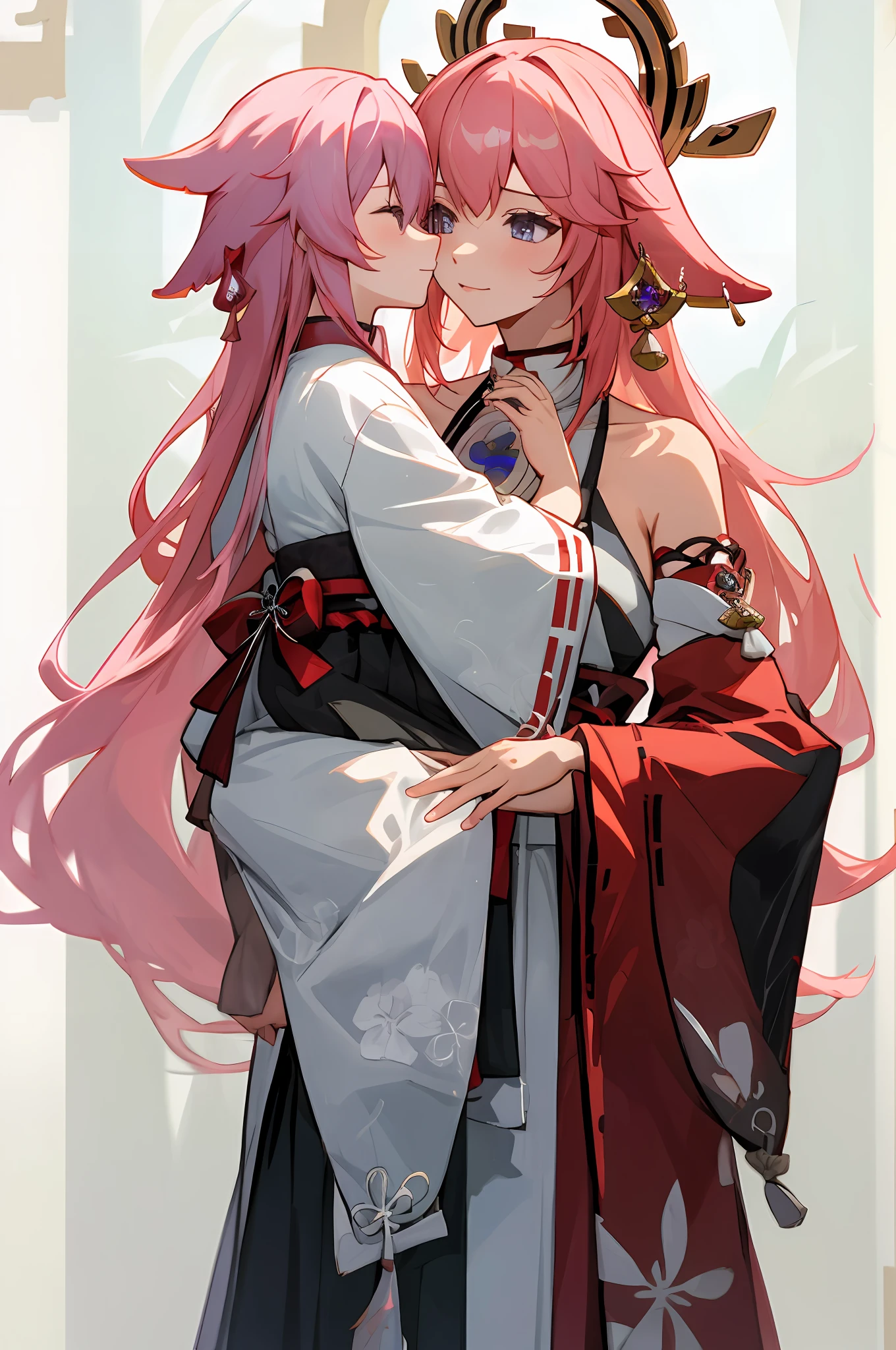 anime image of two women dressed in traditional japanese clothing in japanese shrine, palace a girl in hanfu, wlop and sakimichan, pink haired deity, characters from azur lane, anime fantasy illustration, from the azur lane videogame, genshin, artwork in the style of guweiz, miko detailed art, two beautiful anime girls, pink hair, mother and child, pray at the shrine
