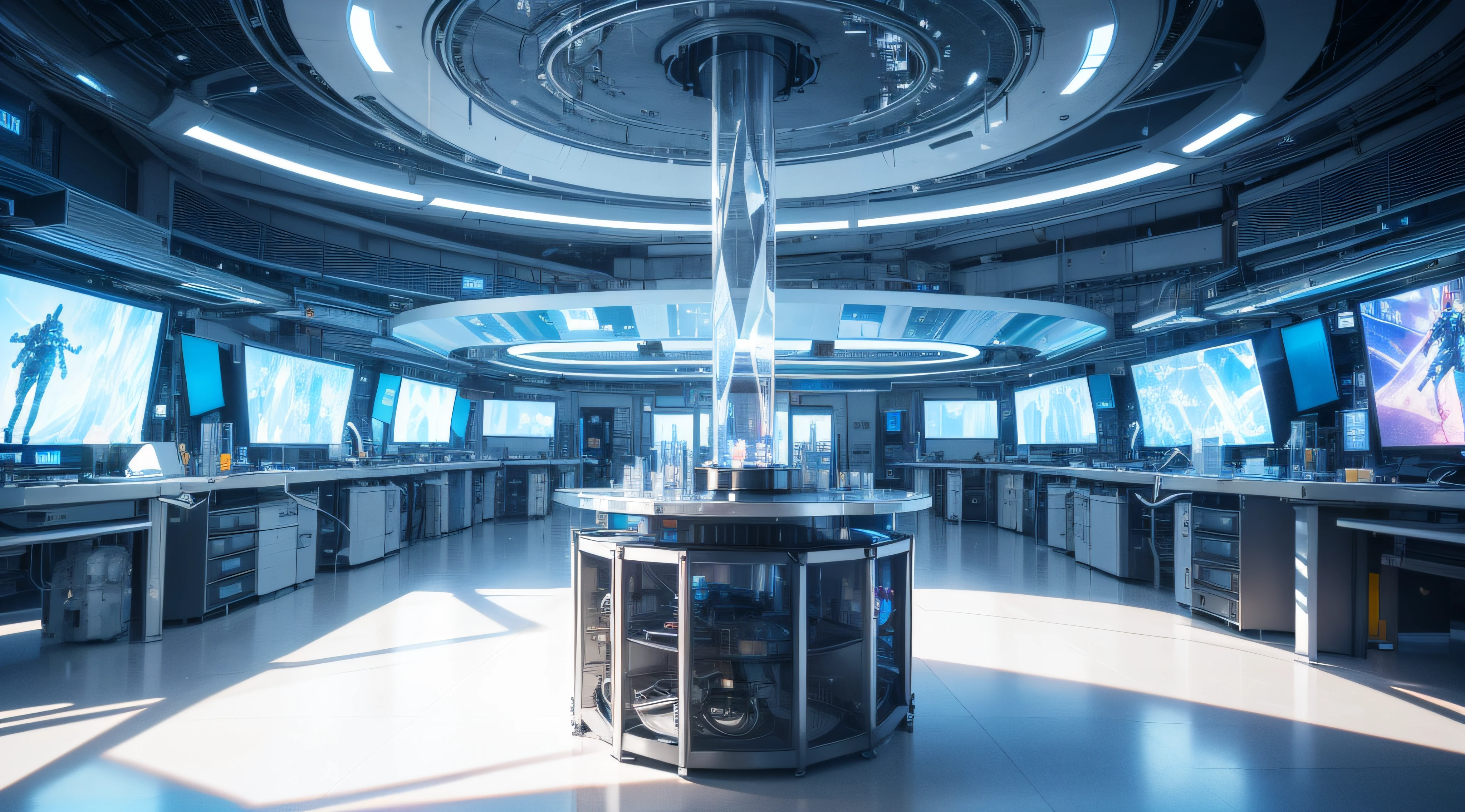 "(This is a high-quality and stunning 3D render of a futuristic laboratory that is powered by a big glowing crystal in the middle. It resembles amazing movie art and concept render with its high fidelity.)"
