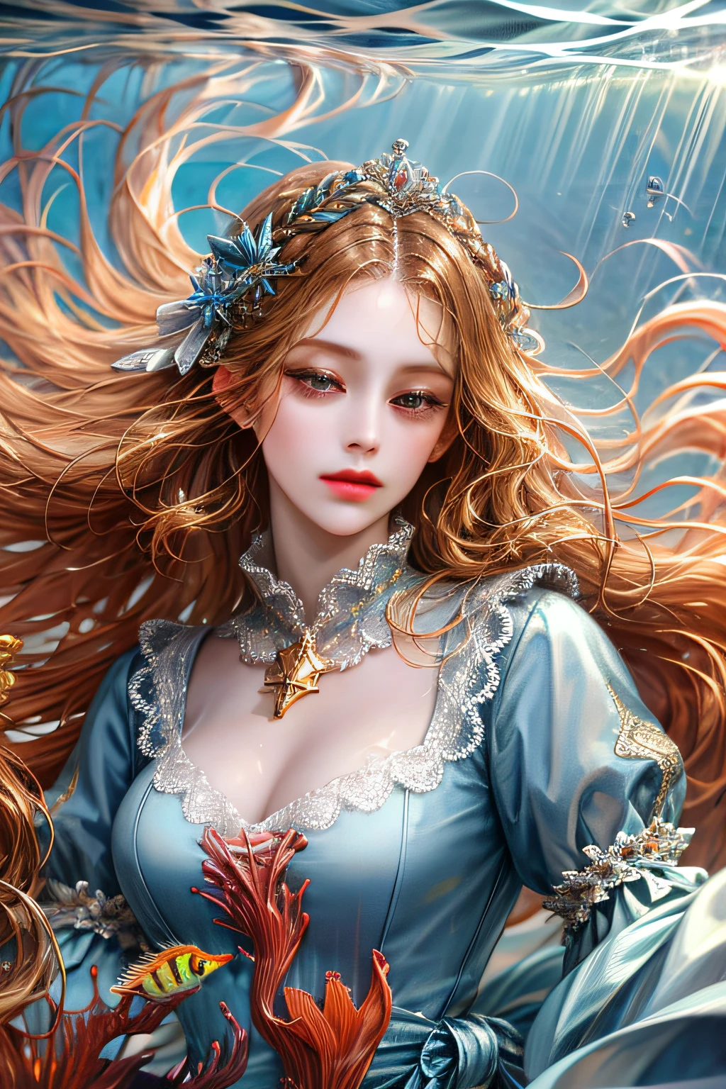 (absurdres, highres, ultra detailed), 1girl, solo, mature, (long hair), Baroque, dress, long sleeve, elegant, holy, colorful, highest detailed, portrait, close up, underwater, floating hair, flower