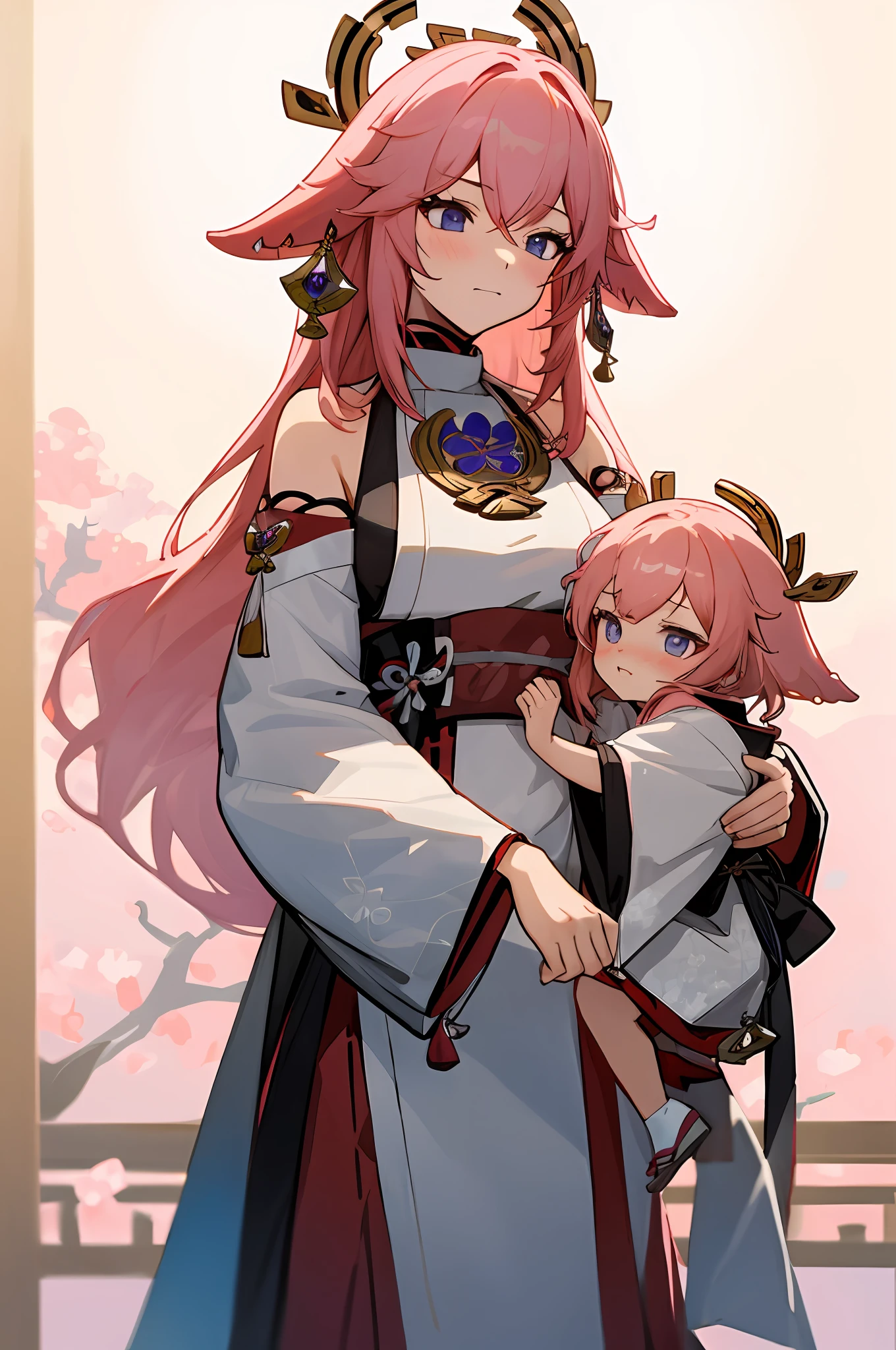 anime image of two women dressed in traditional japanese clothing in japanese shrine, palace  a girl in hanfu, wlop and sakimichan, pink haired deity, characters from azur lane, anime fantasy illustration, from the azur lane videogame, genshin, artwork in the style of guweiz, miko detailed art, two beautiful anime girls, pink hair, mother and child, pray at the shrine, shy embarrassed expression spoiled