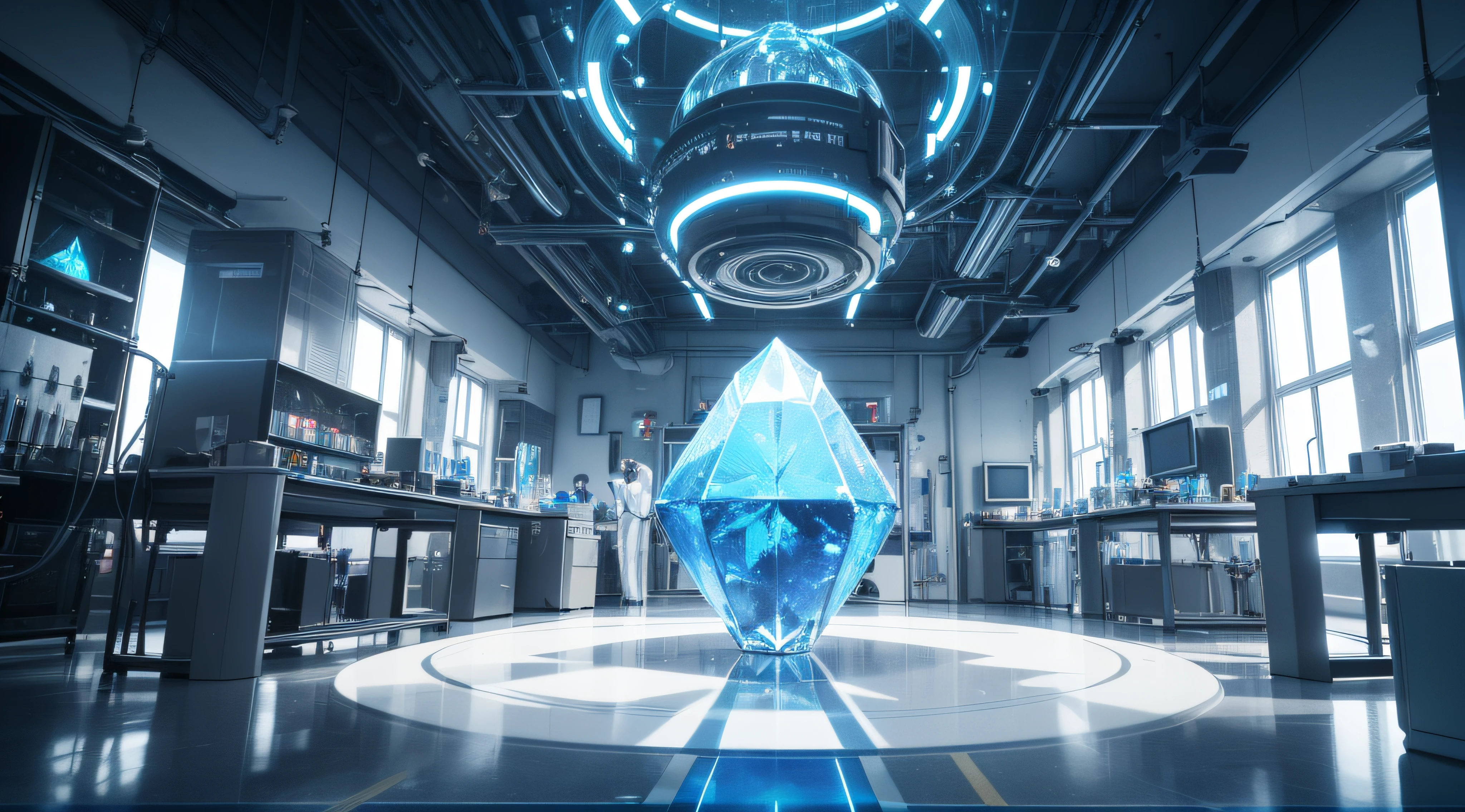 "(This is a high-quality and stunning 3D render of a futuristic laboratory that is powered by a big glowing crystal in the middle. It resembles amazing movie art and concept render with its high fidelity.)"
