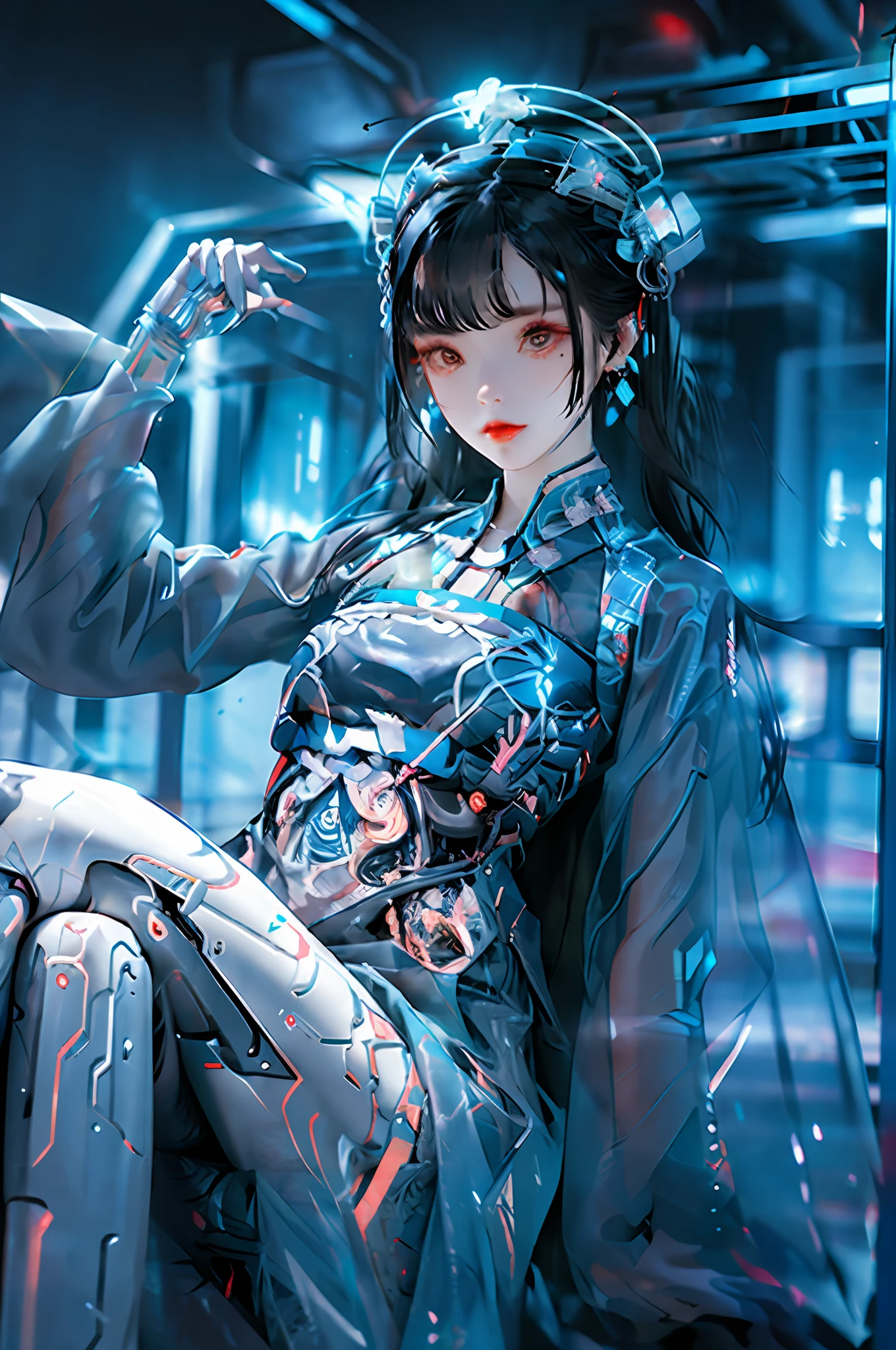 (Cyberhanfu, Hanfu, Tang style, futuristic, high-tech city, girl, dynamic pose, hair accessories, long hair, tiara, cyberpunk city, holographic halo, fluorescent, futuristic elements)