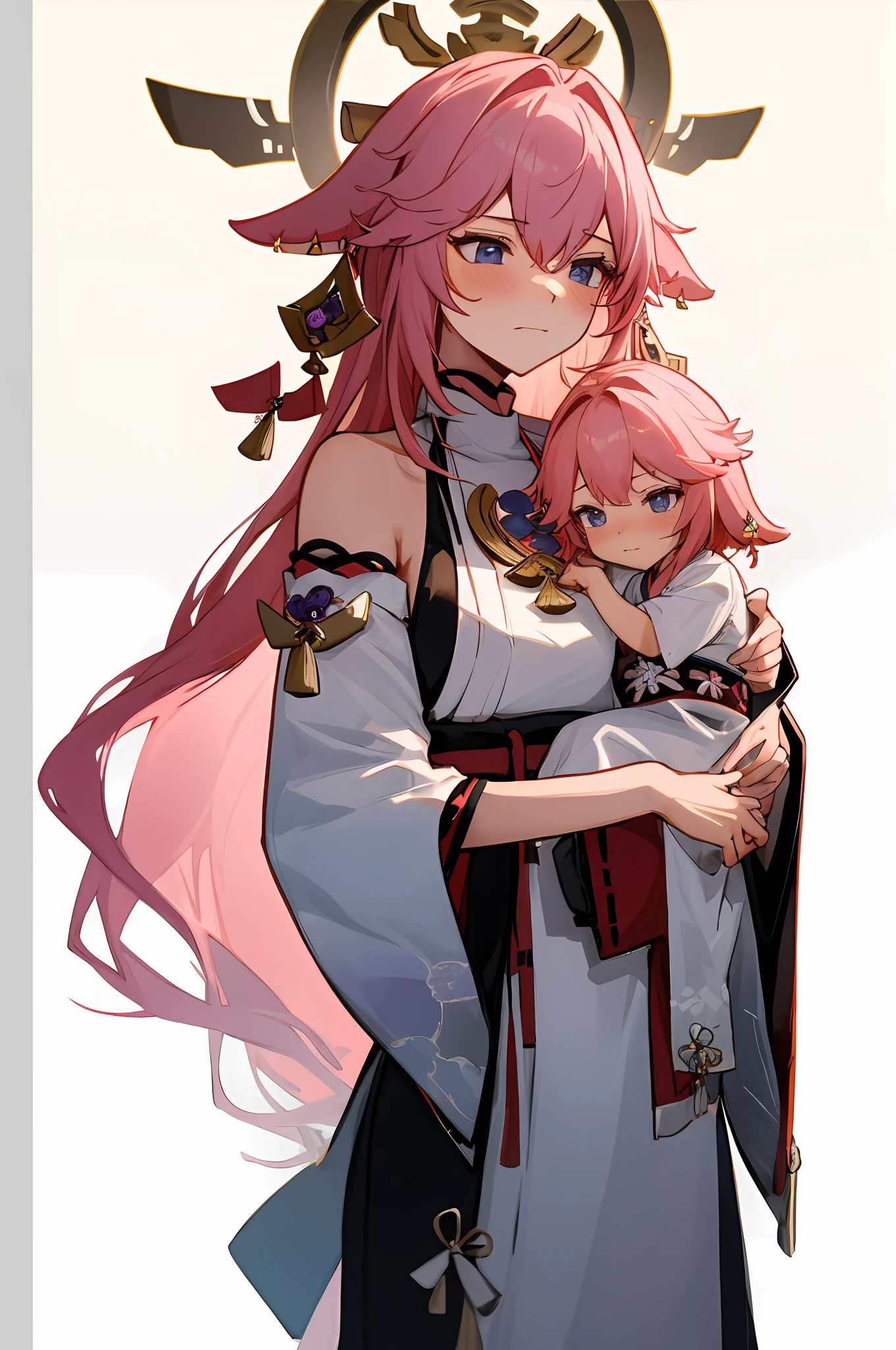 anime image of two women dressed in traditional japanese clothing in japanese shrine, palace a girl in hanfu, wlop and sakimichan, pink haired deity, characters from azur lane, anime fantasy illustration, from the azur lane videogame, genshin, artwork in the style of guweiz, miko detailed art, two beautiful anime girls, pink hair, mother and child, pray at the shrine, shy embarrassed expression spoiled