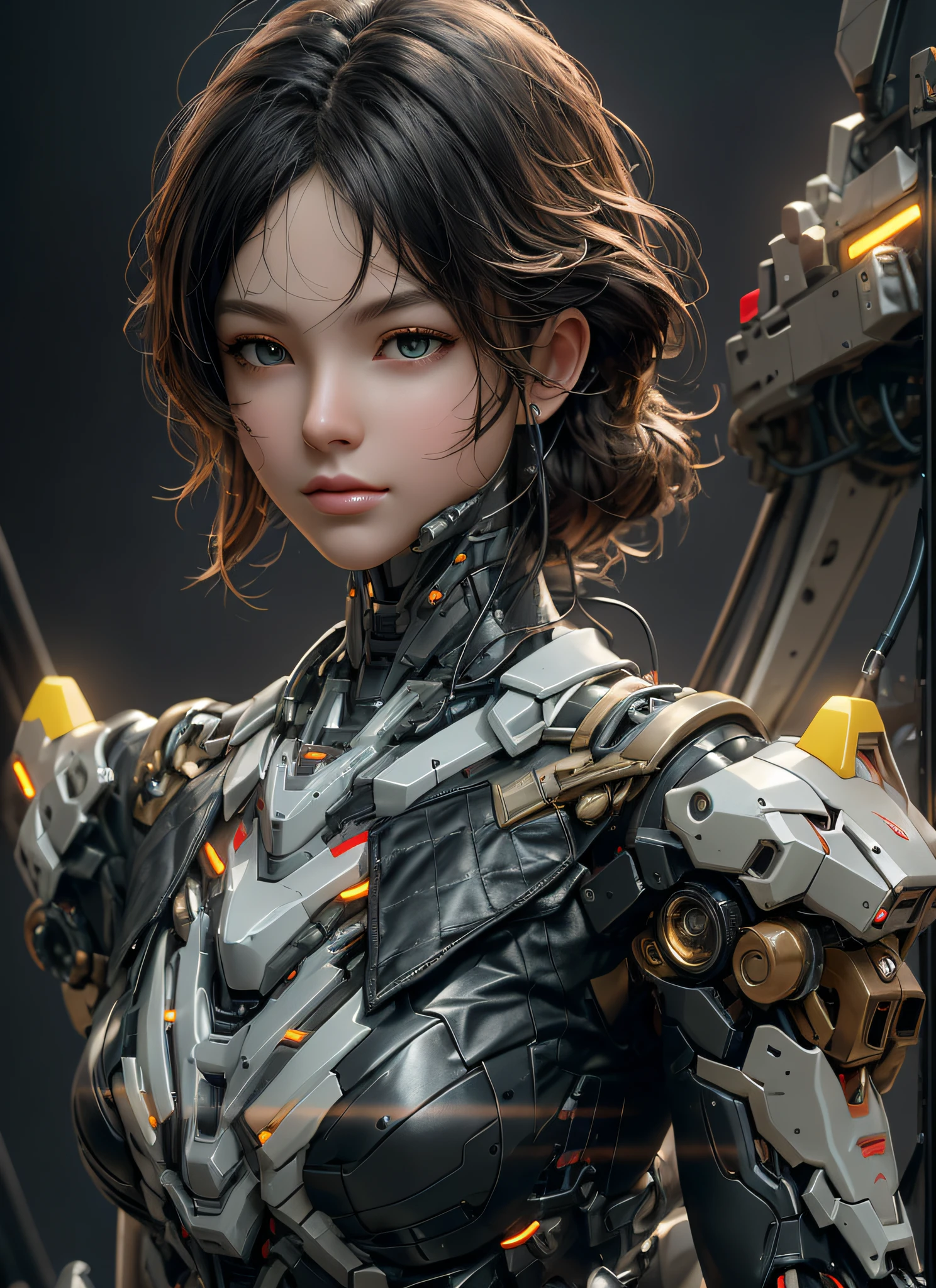 there is a woman in a futuristic suit holding a gun, girl in mecha cyber armor, cute cyborg girl, beutiful girl cyborg, cyberpunk anime girl mech, wojtek fus, beutiful white girl cyborg, portrait beautiful sci - fi girl, 3 d render character art 8 k, cyborg girl, female mecha, perfect anime cyborg woman, perfect cyborg female, Top Quality, Masterpiece, Ultra High Resolution, (Photorealistic: 1.4), Raw Photo, 1 Girl, Black Hair, Glossy Skin, 1 Mechanical Girl, (Ultra Realistic Detail)), Portrait, Global Illumination, Shadows, Octane Rendering, 8K, Ultra Sharp, Big, Cleavage Exposed Raw Skin, Metal, Intricate Ornament Details, Japan Details, Very intricate details, realistic light, CGSoation trend, purple eyes, glowing eyes, facing the camera, neon details, mechanical limbs, mechanical, standing, wires and cables connecting to the head, gundam, small LED lamps, neon light, 1 Mecha, sharp eyes, human mouth, mecha body, mechanical body, gundam suit,, great hair, straight body mecha, mecha, neon body, helmet, see camera