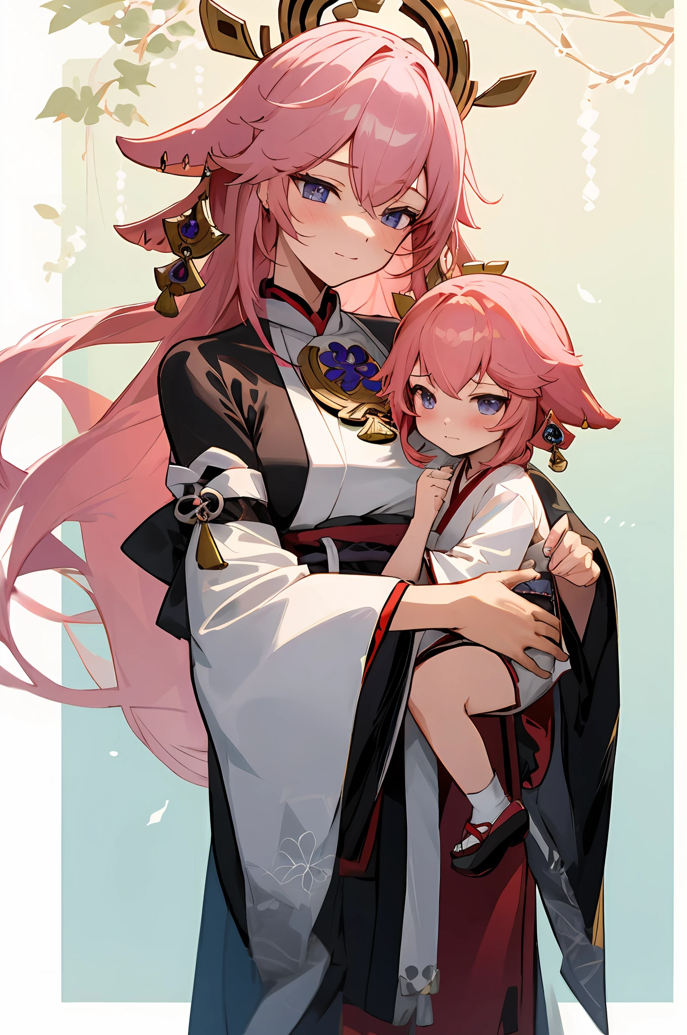 anime image of two women dressed in traditional japanese clothing in japanese shrine, palace  a girl in hanfu, wlop and sakimichan, pink haired deity, characters from azur lane, anime fantasy illustration, from the azur lane videogame, genshin, artwork in the style of guweiz, miko detailed art, two beautiful anime girls, pink hair, mother and child, pray at the shrine, shy embarrassed expression spoiled