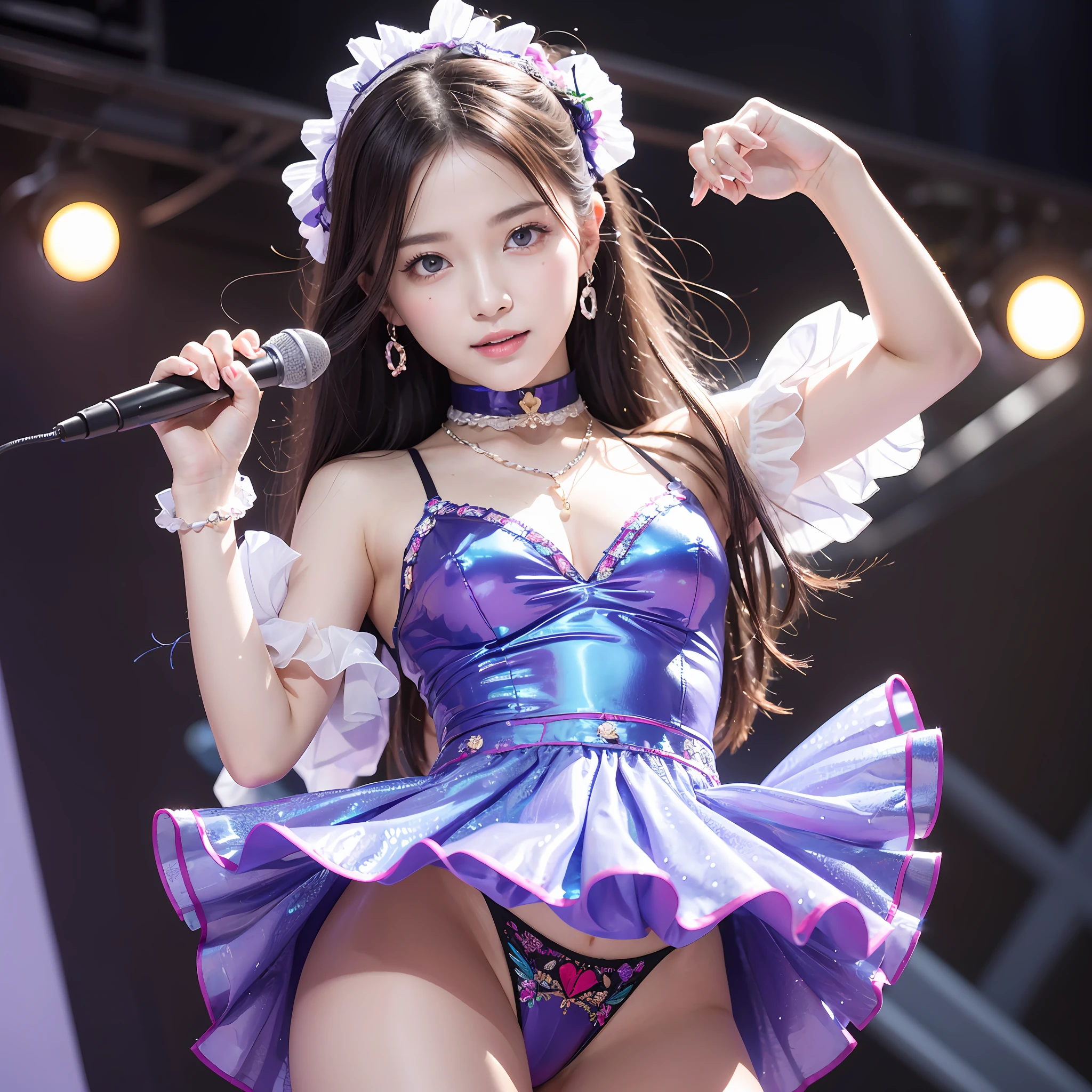 Illustration, cinematic light, high resolution, best quality, ultra detailed, detailed face, (detailed eyes), highest quality, ultra detailed, masterpiece, (detailed face), pretty face, best smile, sexy mature woman transparent (ultra-detailed embroidery and ribbons, idol outfit: 1.5), ruffled miniskirt, cloth, choker, open cloth, NSFW, high heels, blue eyes, neon small shiny hair edges, AI fantasy concert, glowing lighting with neon details, idol, (live stage: 1.15), (holding the microphone with left hand singing: 15), singing with butt sticking out: 5, (to a packed audience in the background), light reflection, heart-shaped iris, playful eyes, open shoulders, (wet body), small shining butterfly, hair jewelry, panties, cute panties: 1.5, 18 years old, Nogizaka idol, Actress, Korean Idol, Gravure Idol
