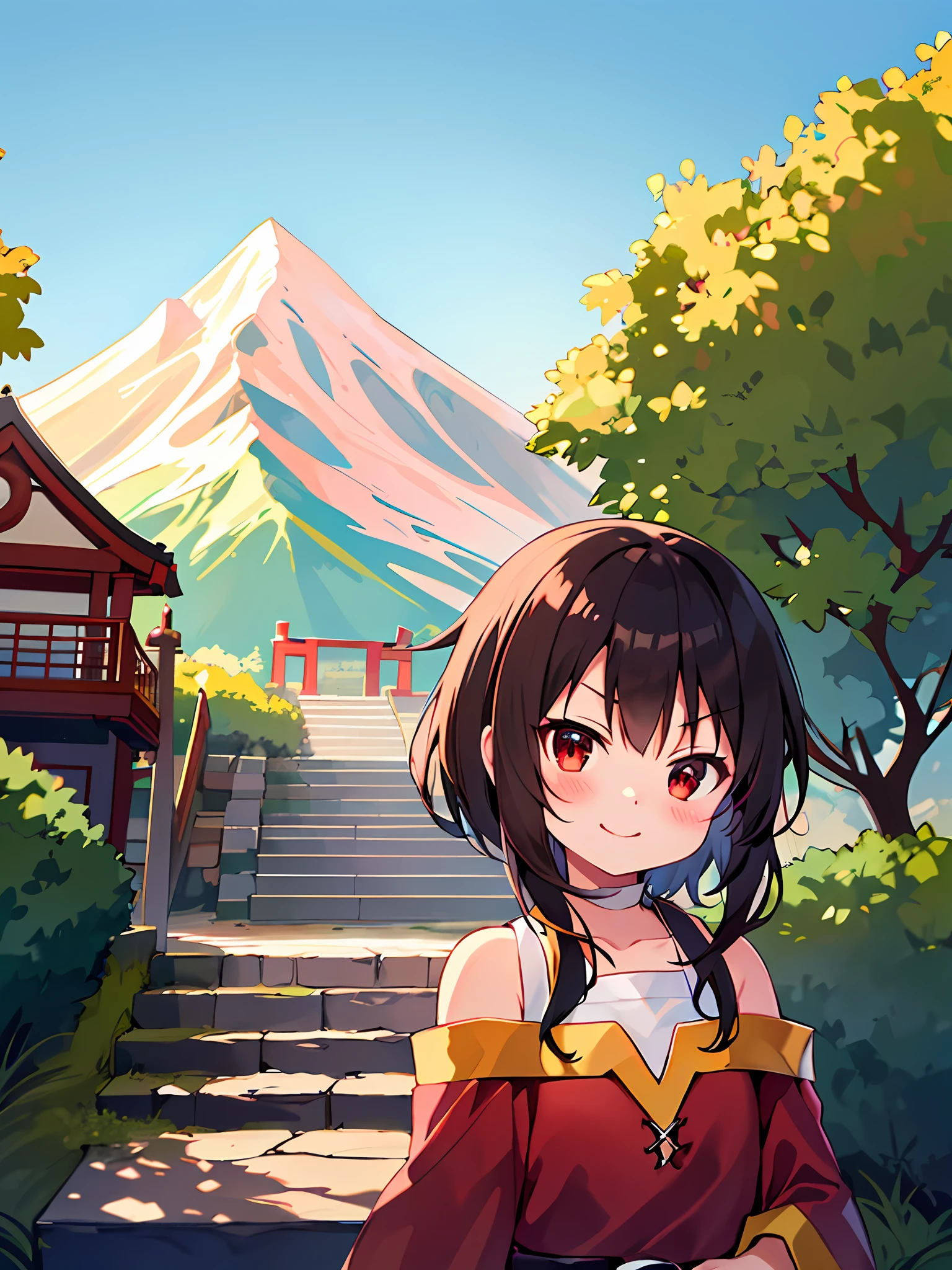 megumin_konosuba, upper body, smile, blush, short hair, black hair, red eye, outdoors, day, simple background, blue sky, short hair, sky, temple, looking at the viewer, stairs, mountain, grumpy lighting, facing the viewer,
