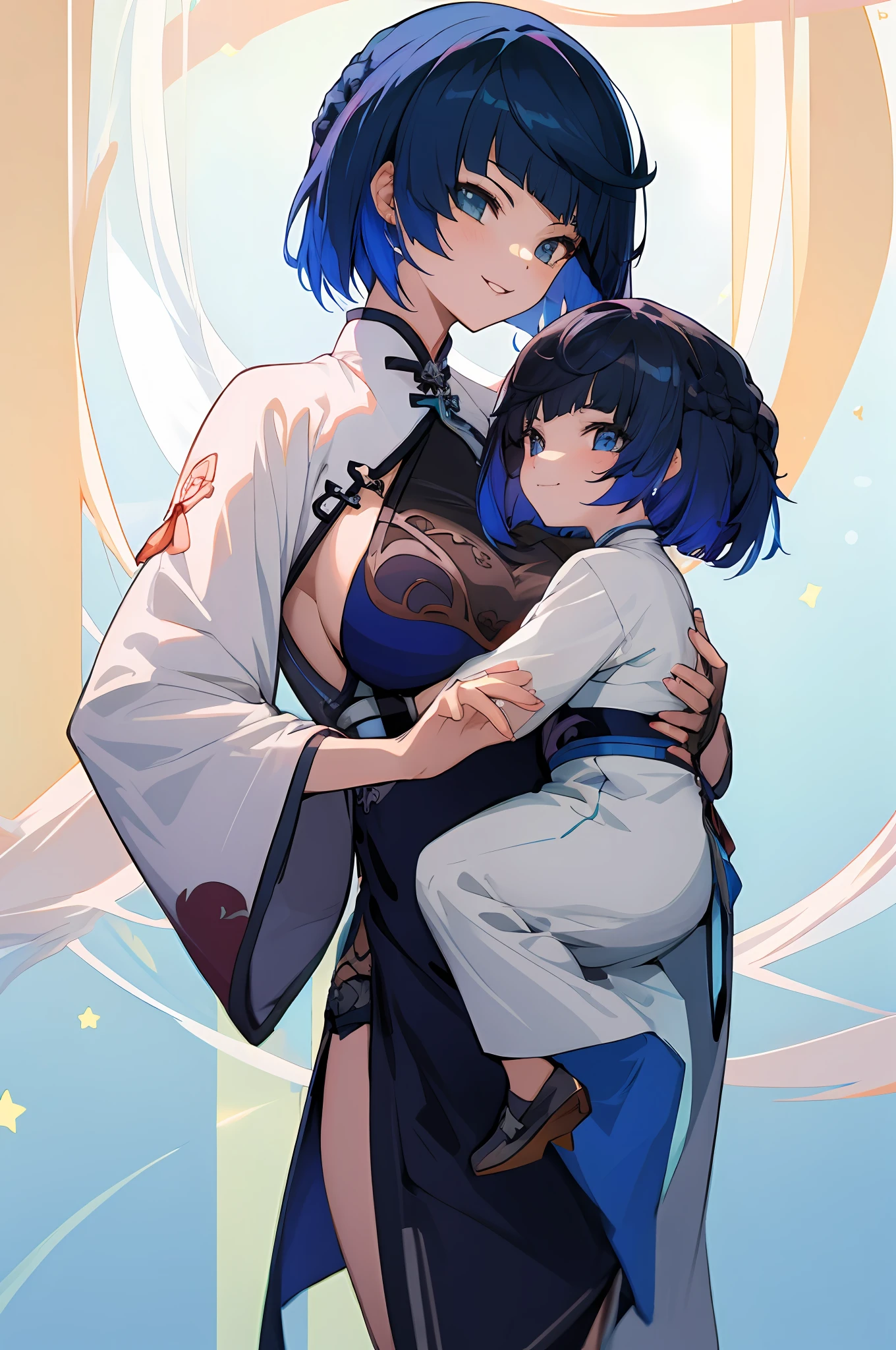 anime image of two women dressed in traditional china clothing in a night full of stars, palace a girl in hanfu, wlop and sakimichan, short hair, blue haired deity, characters from azur lane, anime fantasy illustration, from the azur lane videogame, genshin, artwork in the style of guweiz, cultivator detailed art, two beautiful anime girls, mother and child, symbol of maternal love, mother and child, such as photos of mother and child, mischievous smile