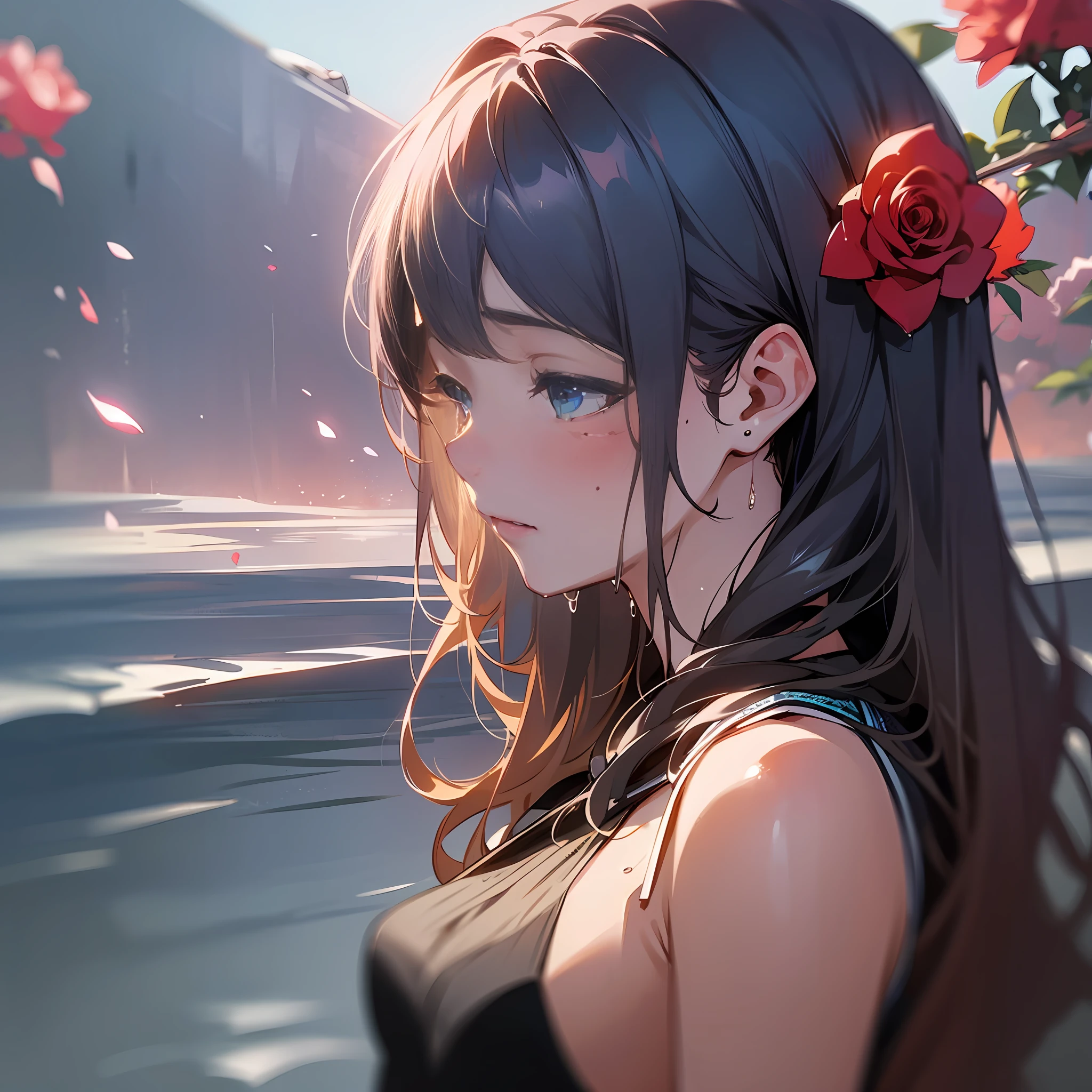 Upper body, wet hair, poor chuchu, side face, beauty mole, girl, 8k resolution, more details, higher quality, perfect composition, sea of roses, cinematic lighting, --auto