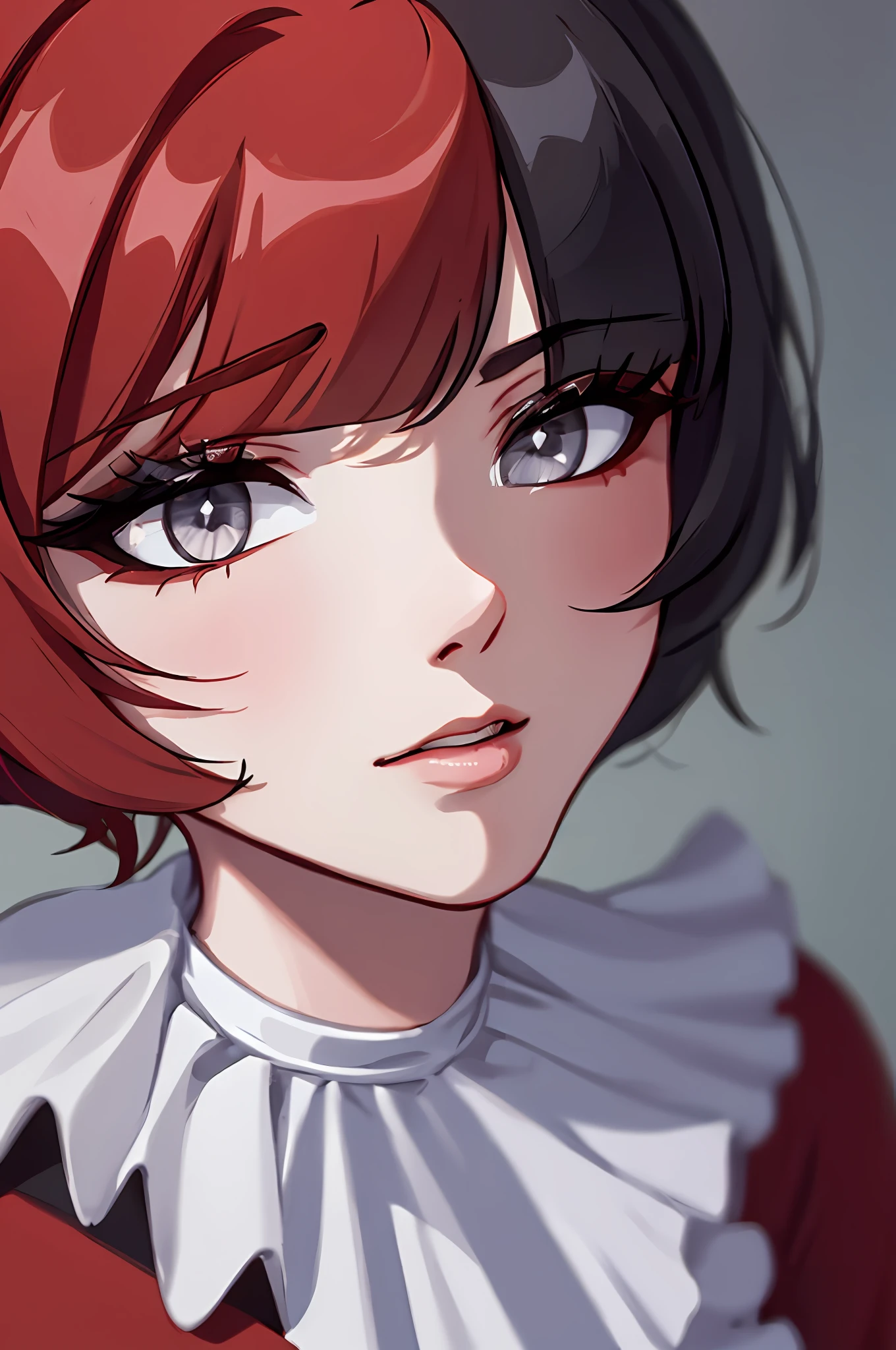 ((masterpiece, Best Quality))), Coupling, solo, 1girl, ((red hair, black hair, multicolored hair)), (white shirt, black tie), short hair, white tights, sitting, (close-up of the face), very detailed, photorealism, photorealism, surprised, puzzled, sad, slightly blurred background, (looking to the side, head slightly turned, looking in the mirror)