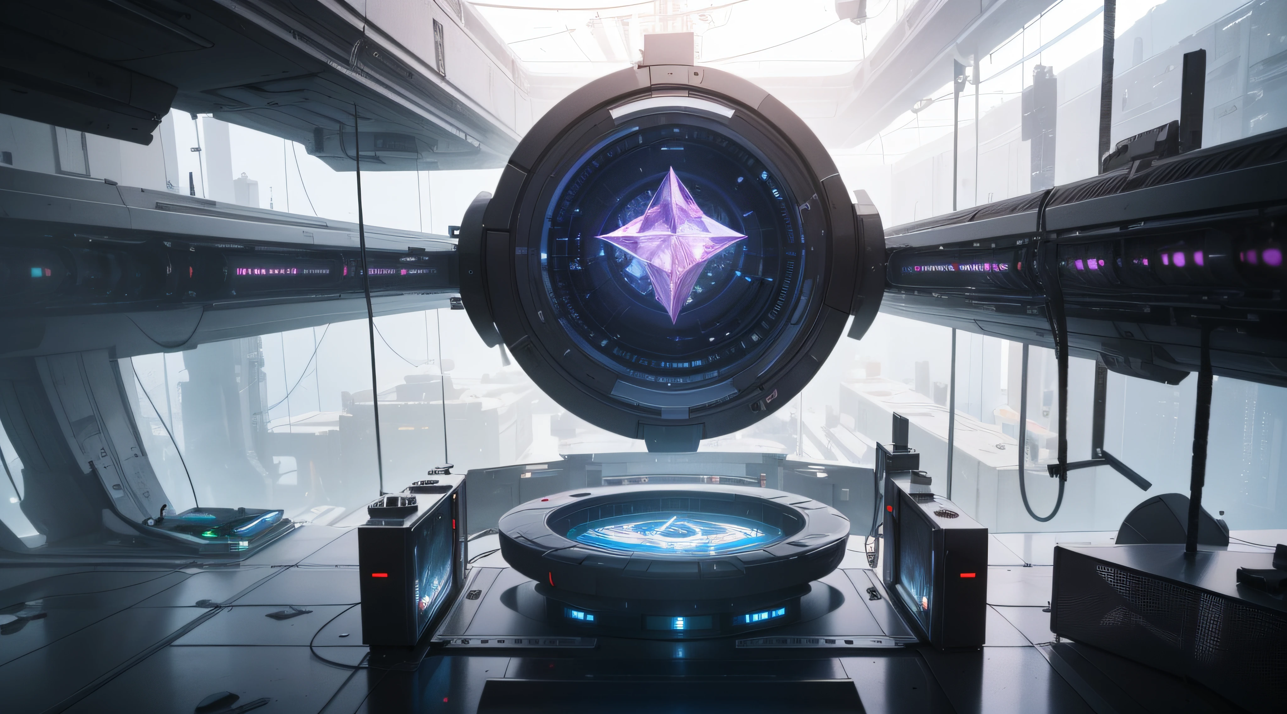 ((best quality)), ((masterpiece)), ((realistic)), A crystal-powered laboratory, set in a futuristic and breathtaking place and room. The composition should be visually appealing and thoughtfully arranged. The scene should be rendered with amazing precision, in the style of Beeple, showcasing his distinct futuristic surrealism. The artwork should be created using 3D rendering techniques, portraying an environment filled with advanced technology. The lighting should be dynamic and vibrant, enhancing the futuristic atmosphere. The color scheme should be bold and vibrant, with shades of blues, purples, and pinks dominating the scene. The final artwork should be rendered in ultra high definition, capturing every minute detail and achieving a level of quality that can be considered a masterpiece.