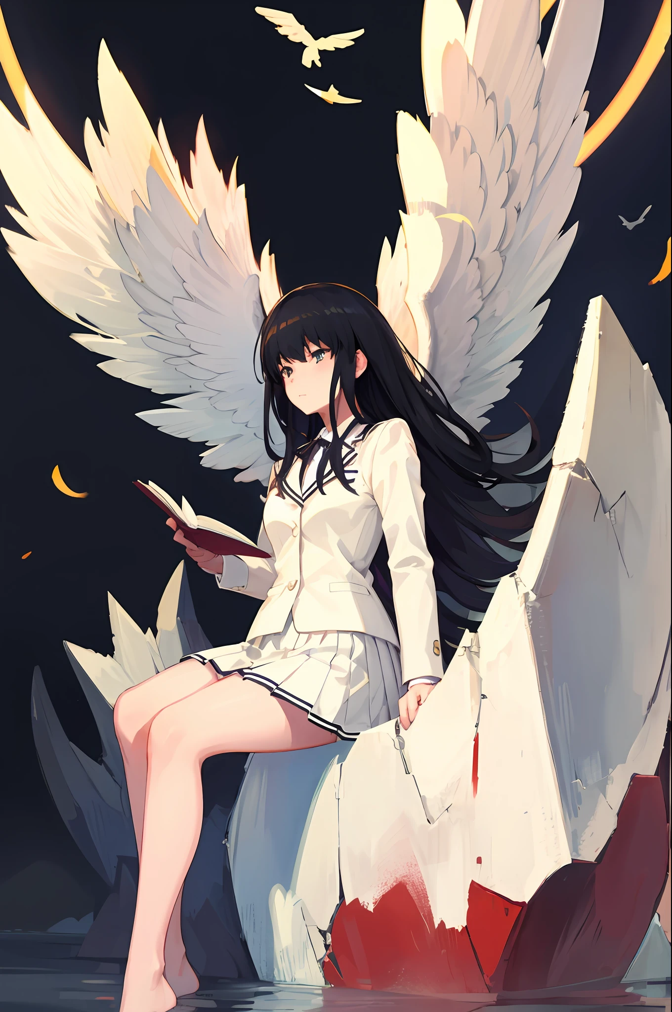 Fuyuko, One Girl, Solo, 4K, School Uniform, Skirt, Black Background, Jacket, Simple Background, Blazer, Upper Eyes, Angel Wings, Sitting on Bench, Upper Eyes