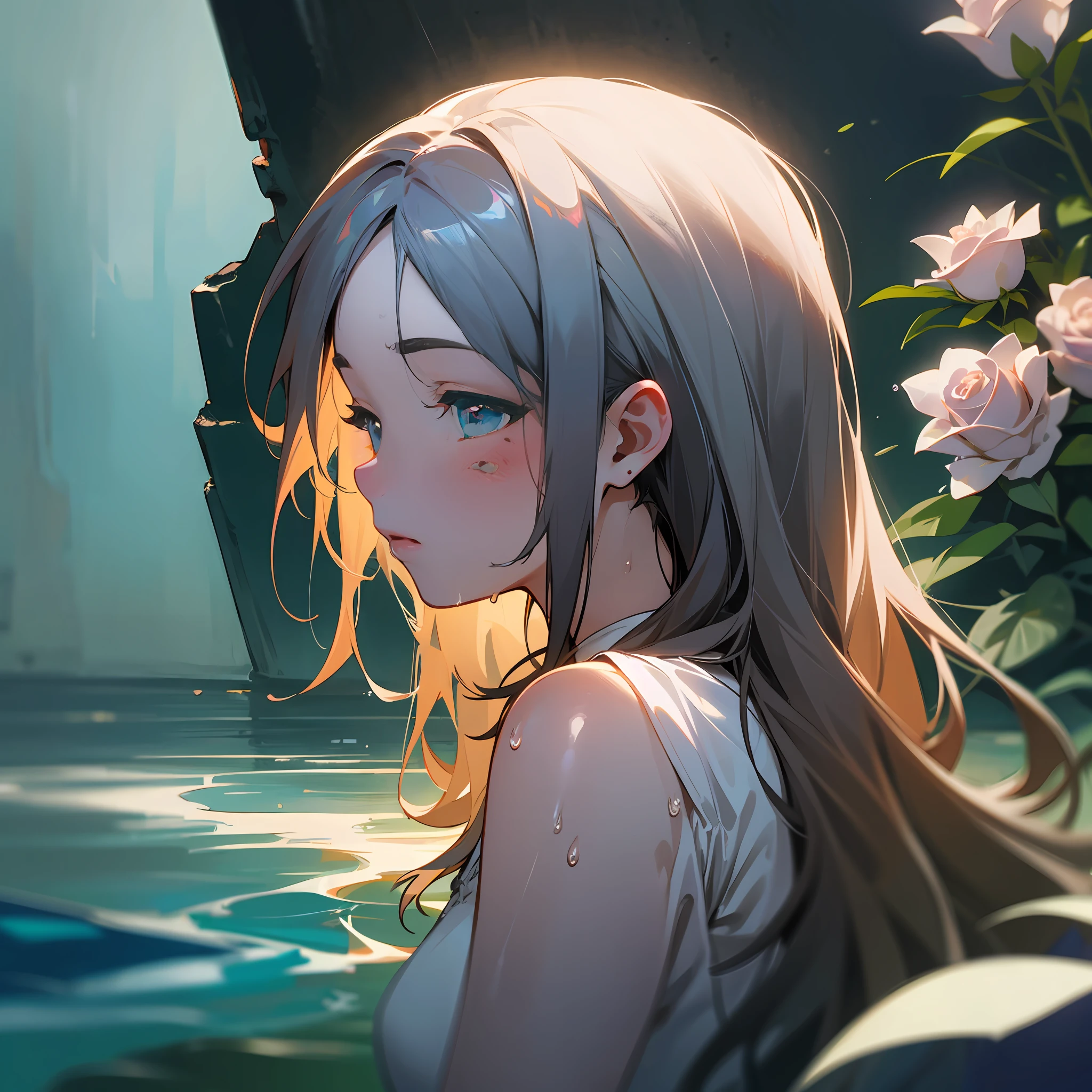 Upper body, wet hair, poor chuchu, side face, beauty mole, girl, 8k resolution, more details, higher quality, perfect composition, sea of roses, cinematic lighting, --auto