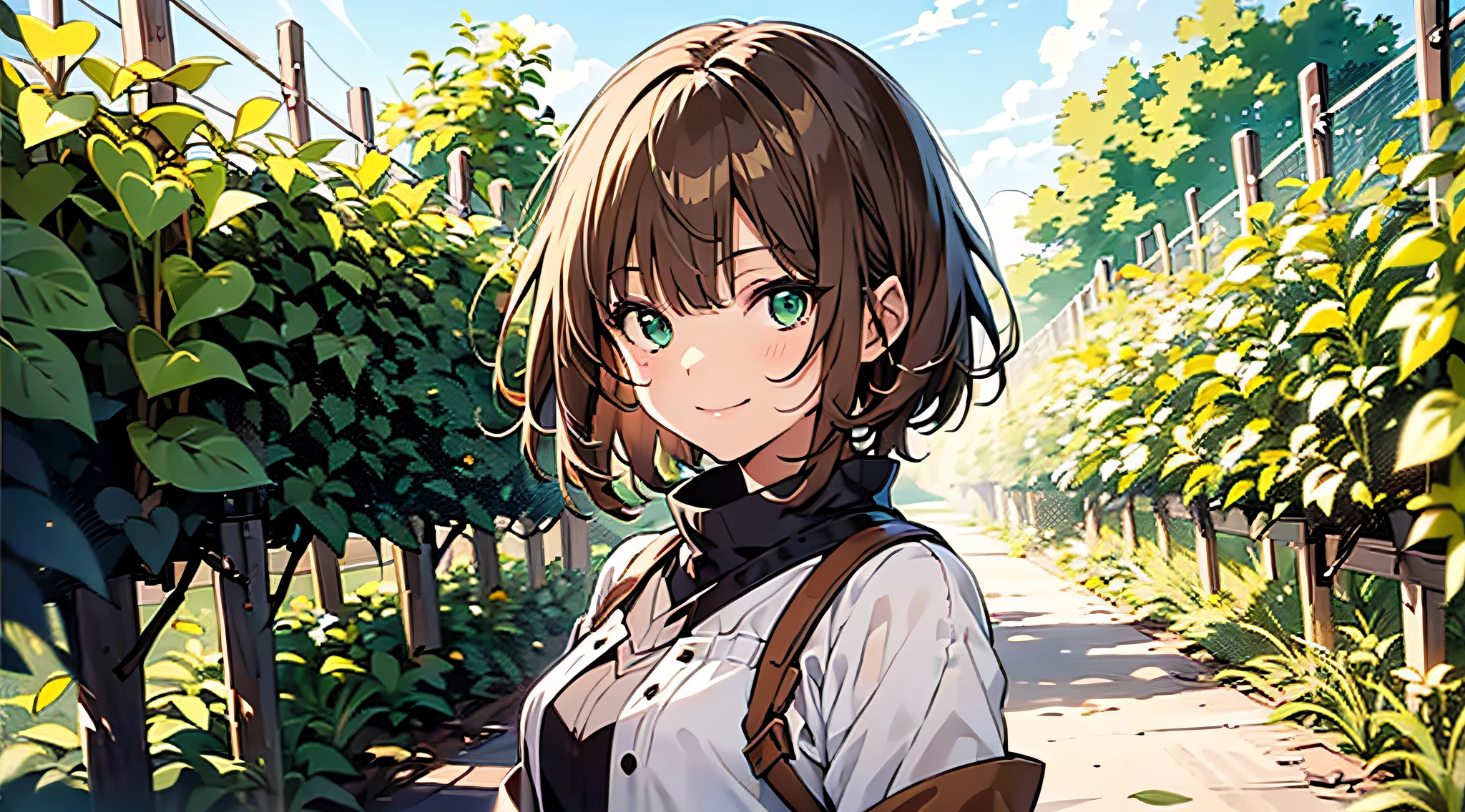 (masterpiece, best quality), Anime, Brown hair, green Eyes, bobcut, Bangs, cute face, adult girl, white farmeroutfit, front view, 1girl, small smiling, Fantasy, simple colouring, simple background, in traditional vegetable farm