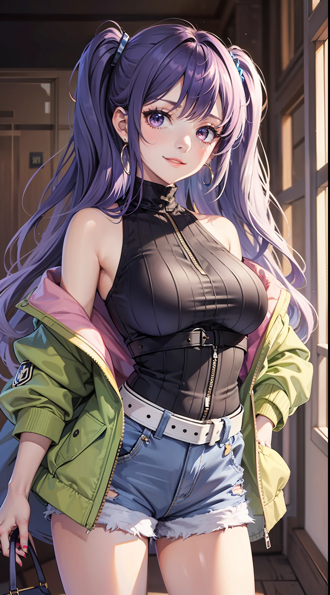 1girl,solo,jewelry,high-waist shorts,sleeveless,earrings,looking at viewer,shirt,jacket,breasts,off shoulder,shorts,plant,cowboy shot,smile,yellow jacket,blue hair,multicolored hair,black shorts,white shirt,sleeveless shirt,bangs,open clothes,bare shoulders,indoors,closed mouth,standing,long sleeves,long hair,day,medium breasts,open jacket,frills,purple hair,nail polish,thighs,shirt tucked in,holding,lips,window,twintails,pink eyes,turtleneck,bag,short shorts,ring,(girdle:1.4),