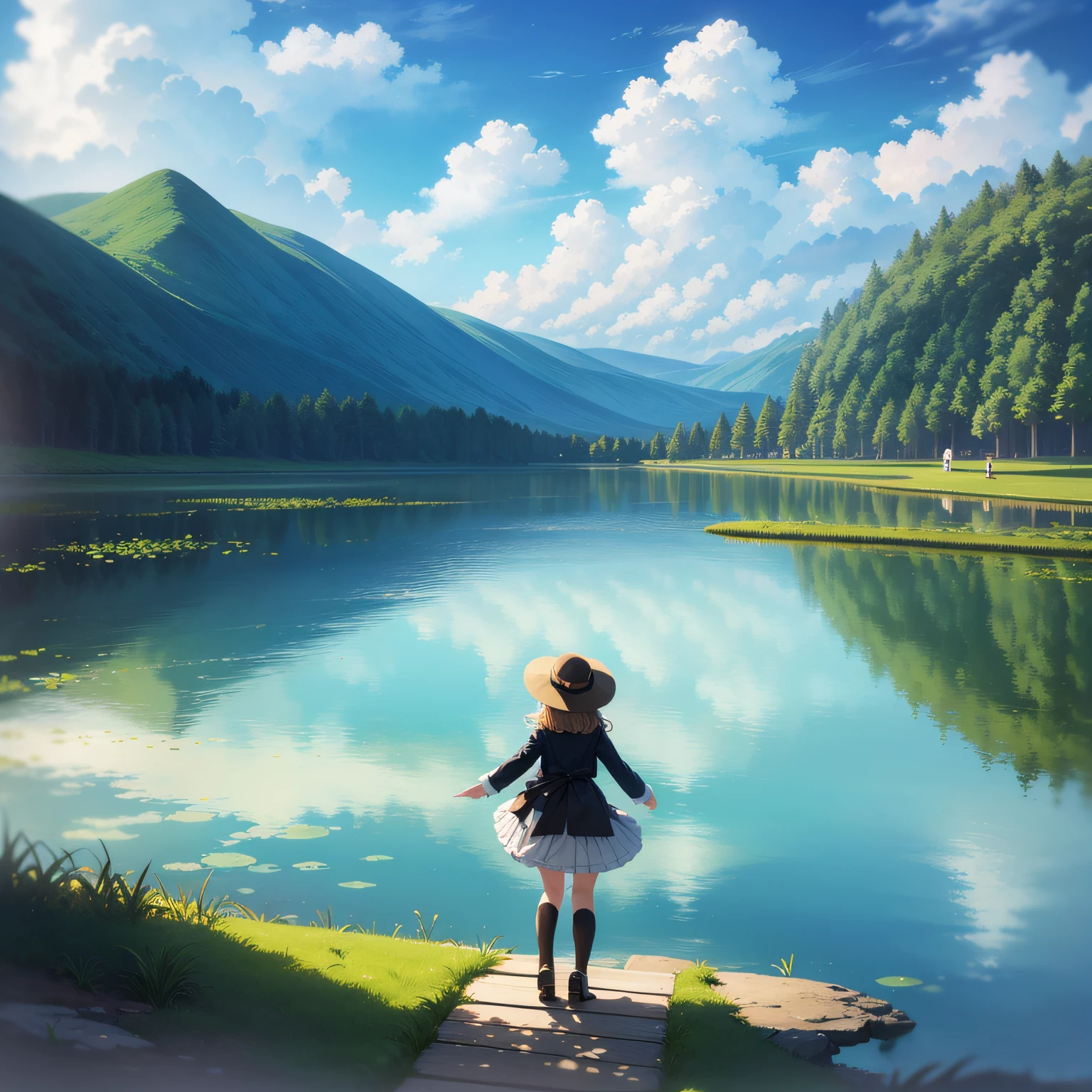 01366-1432413561-octans,3girl,scenery,outdoors,bathing,solo,cloud,sky,long hair,day,tree,water,blue sky,reflection,nature,cloudy sky,grass,standi --auto