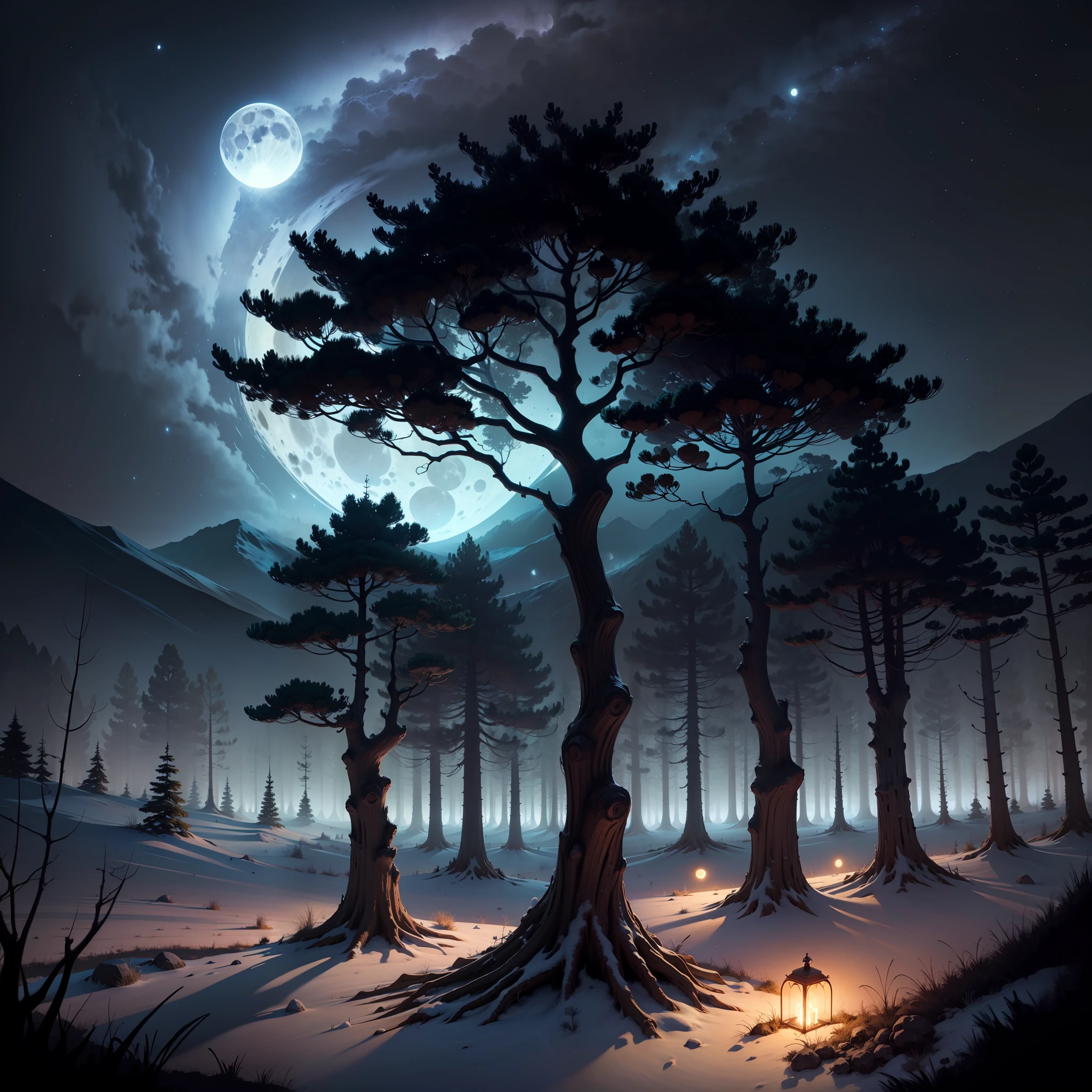 A nocturnal landscape, with a full moon in the starry sky and mysterious shadows forming around ancient trees. --auto