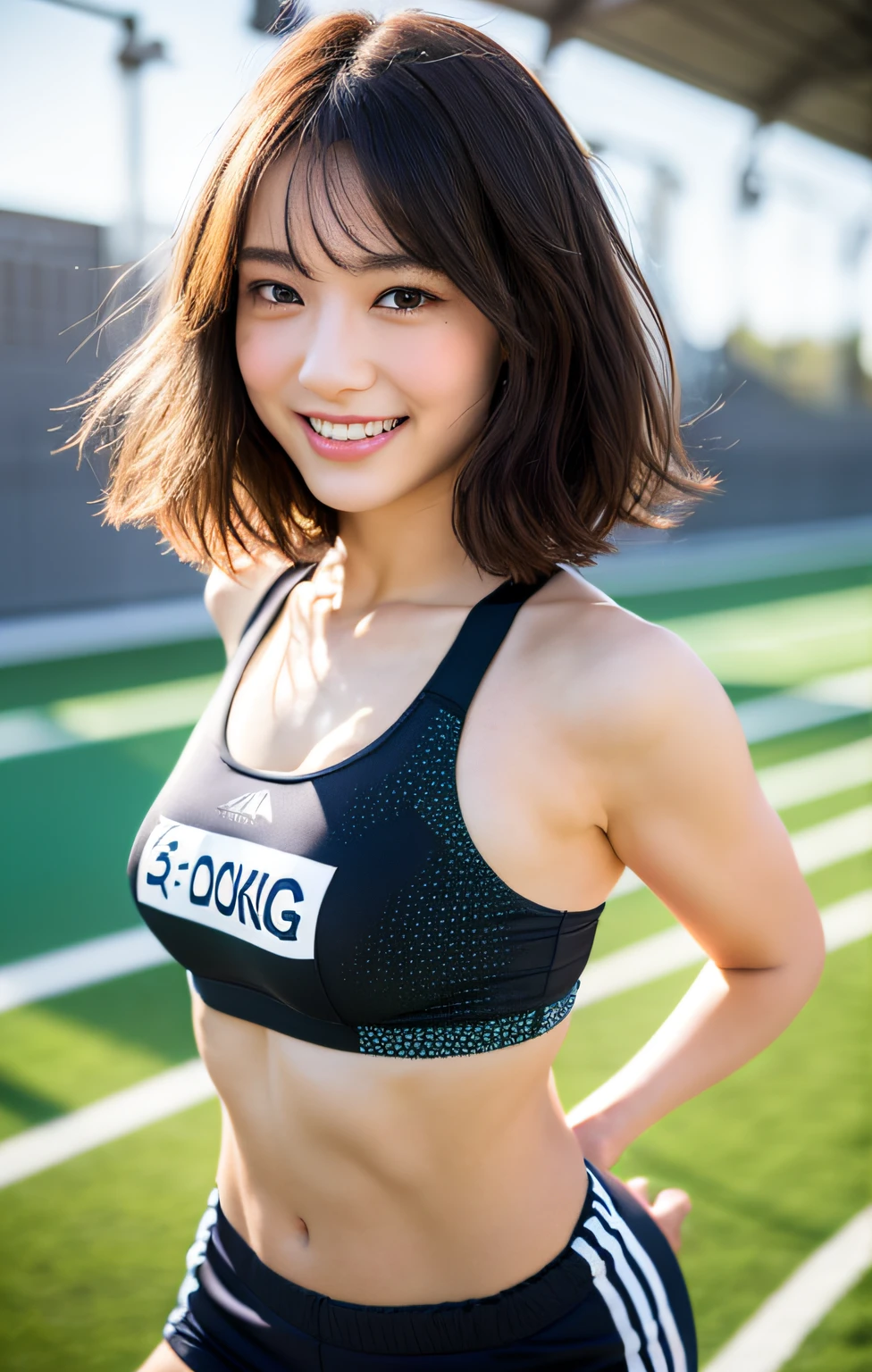 1girl, RAW photography, masterpiece, best quality, high quality, exquisite, 8k, 32k, high resolution, absurdity, (realistic:1.4), (detailed clothing:1.2), Japan idol
, short messy hair, smile, embarrassing, blush, very cute and beautiful face and eyes, black eyes, small breasts, cute
, school, gym clothes, running, sunlight
, Athletics Stadium