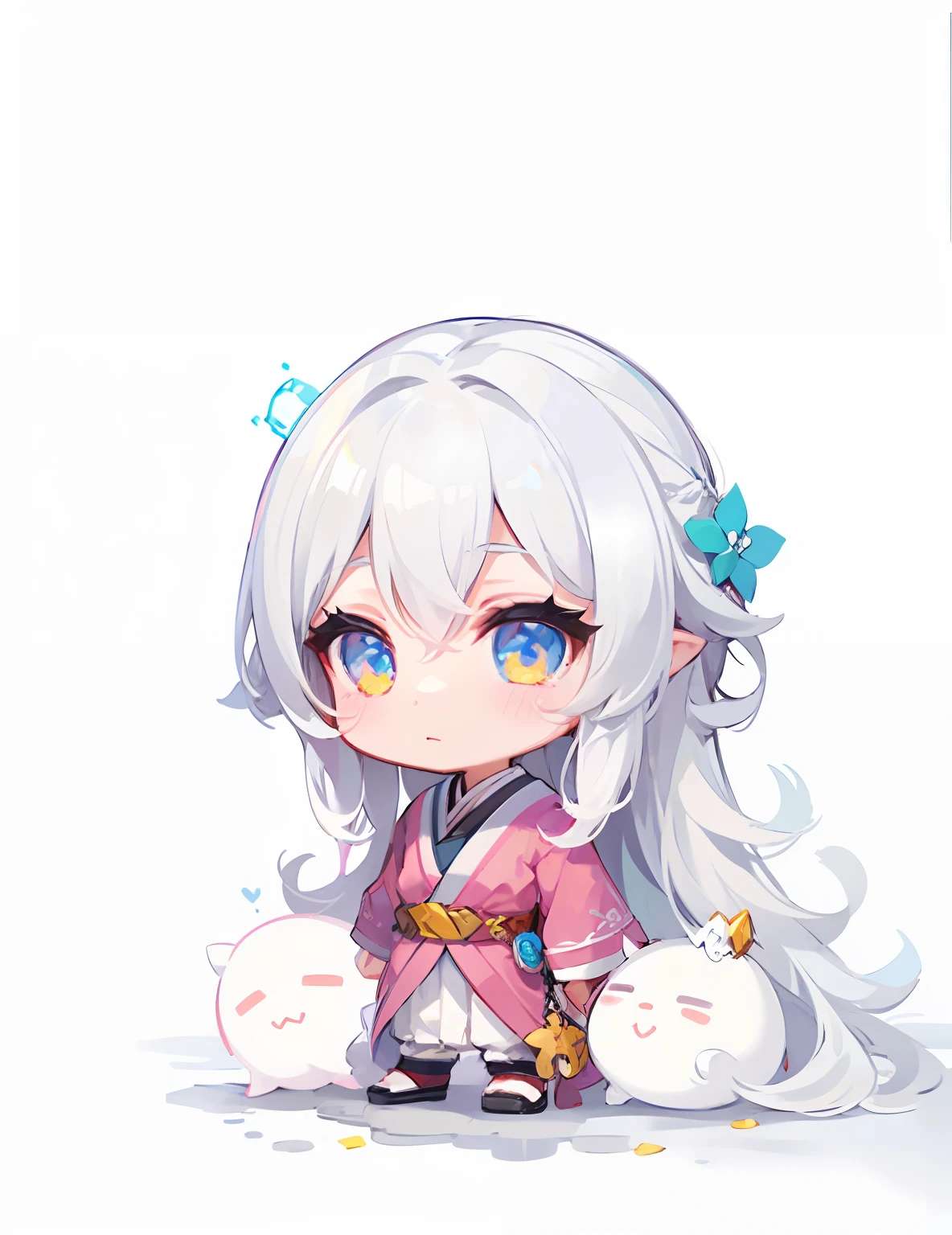 1 girl,white long hair,pink dress,ponytail, inspired by Takehisa Yumeji, visual novel sprite, white haired deity, style of maplestory, pale young ghost girl, chibi, sakimi chan, (maplestory)