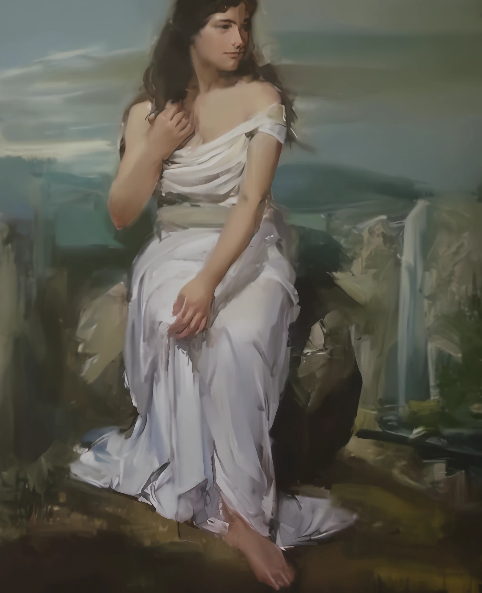 The light is dim, the oil painting is light in color, realistic oil painting, the reflection is school, the pixels are low, and the graininess is textured