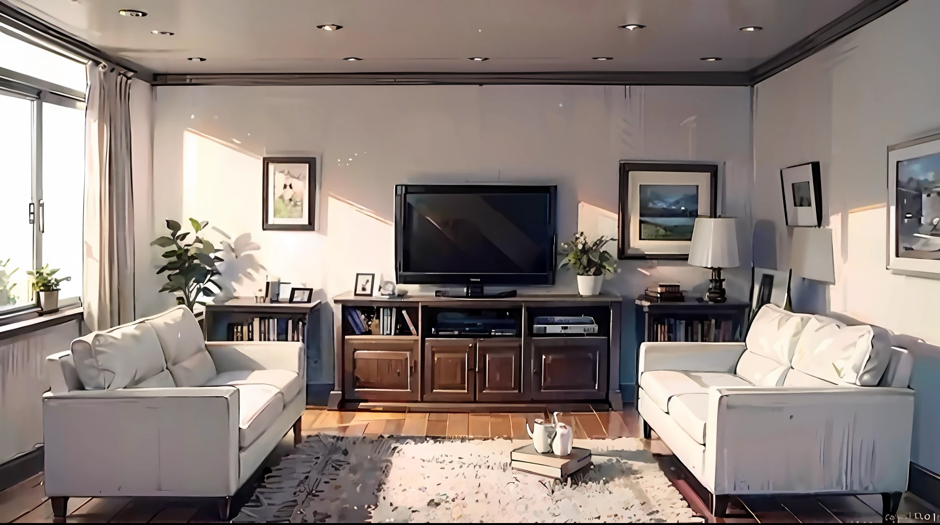 European style living room with TV hanging on the wall.