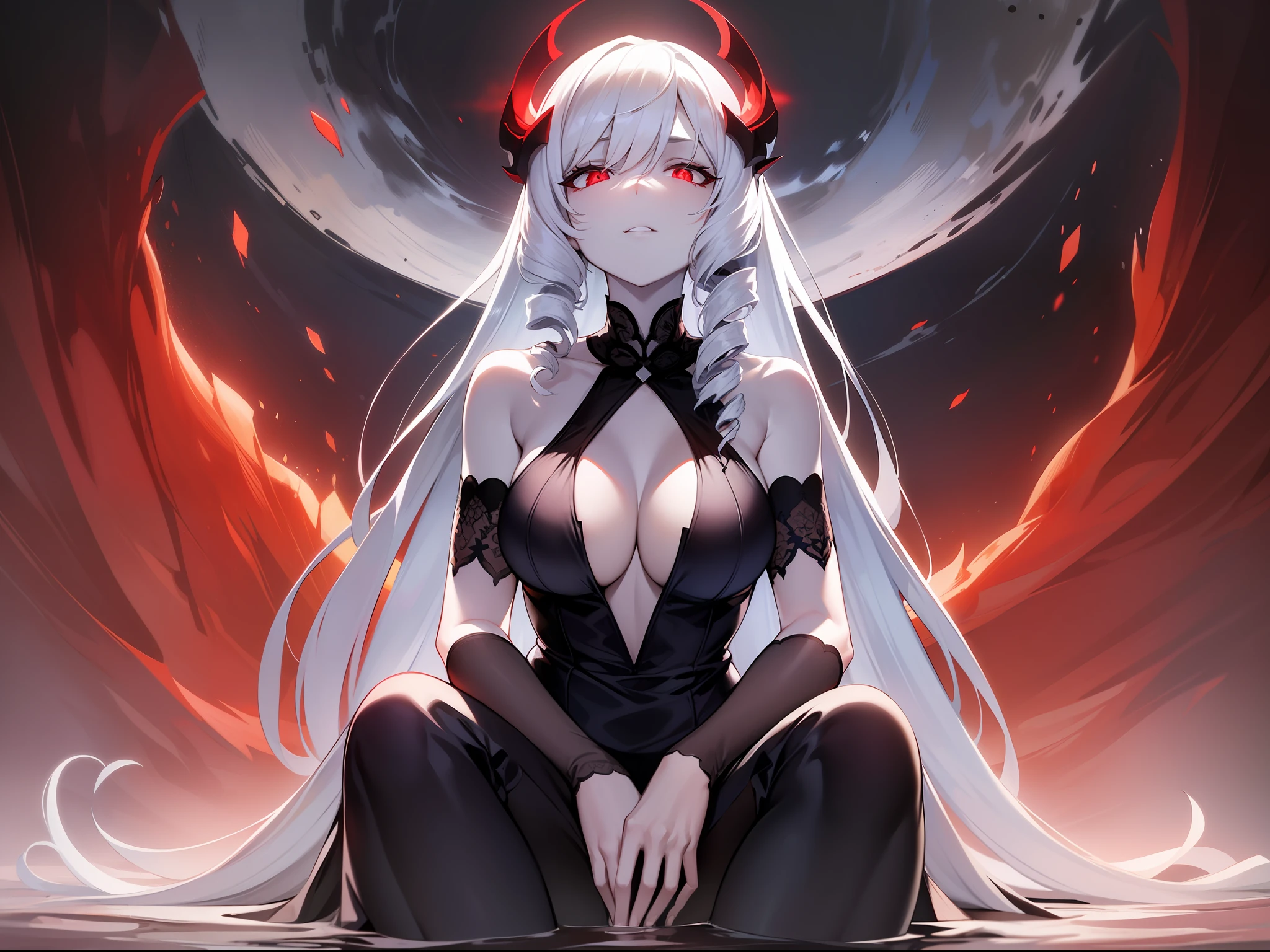 pale skin, mature woman, white hair, red eyes, dark red underwater, night, glowing eyes, shoulders, very long hair, (drill hair: 1.3), darkness, black nightgown, (arms on head: 1.3), red background, from below, in heat, breath, glowing sickle, sitting