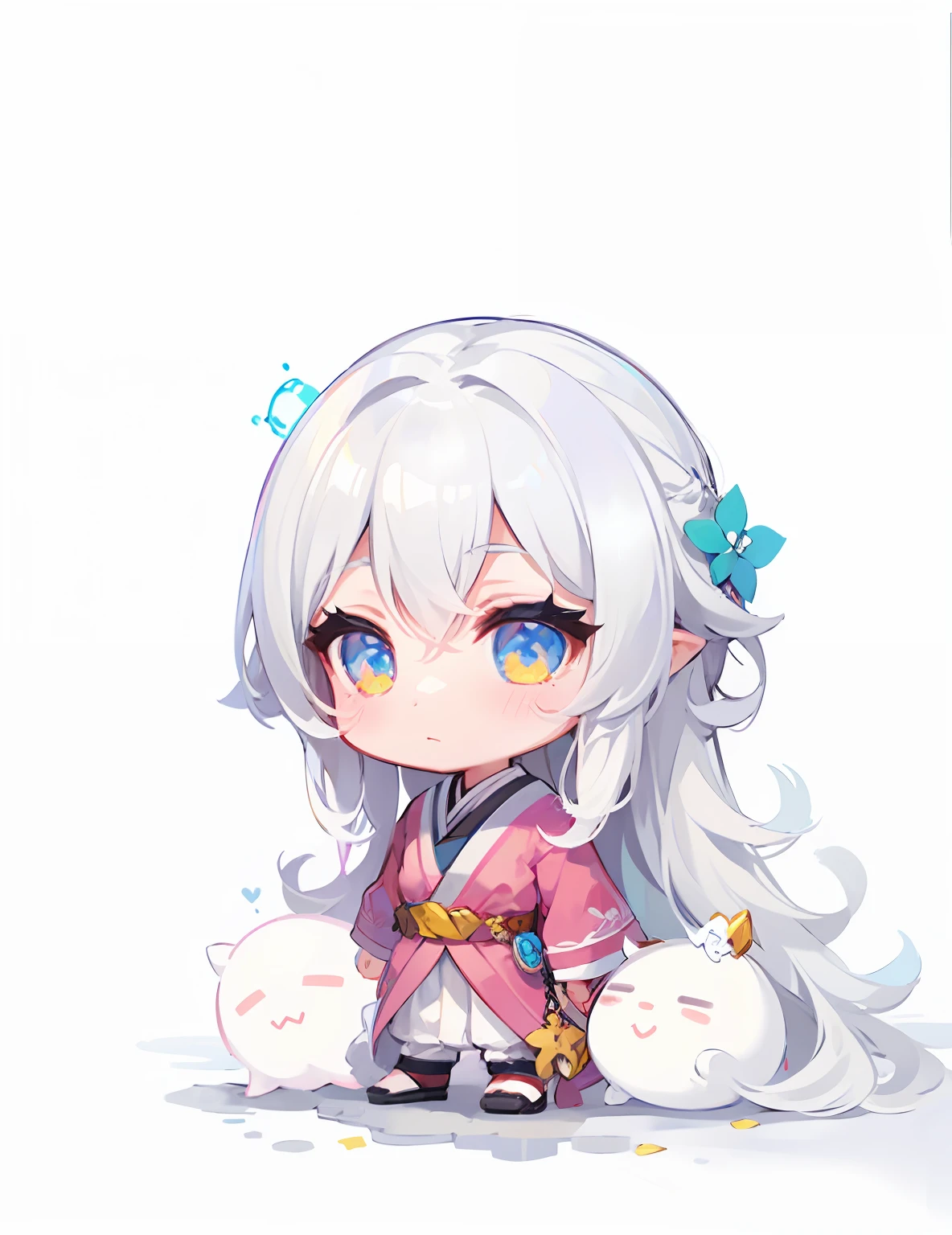 1 girl,white long hair,pink dress,ponytail, inspired by Takehisa Yumeji, visual novel sprite, white haired deity, style of maplestory, pale young ghost girl, chibi, sakimi chan,  (maplestory)