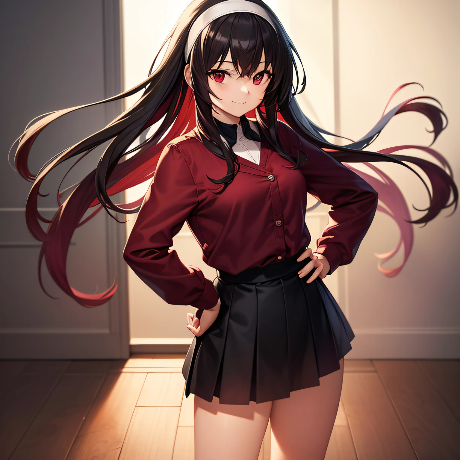 best image quality, very delicate and beautiful, big, red eyes, women, (alone), (black hair), long hair, (red hair band), black clothes, black skirt, standing, hands behind hips, smile,