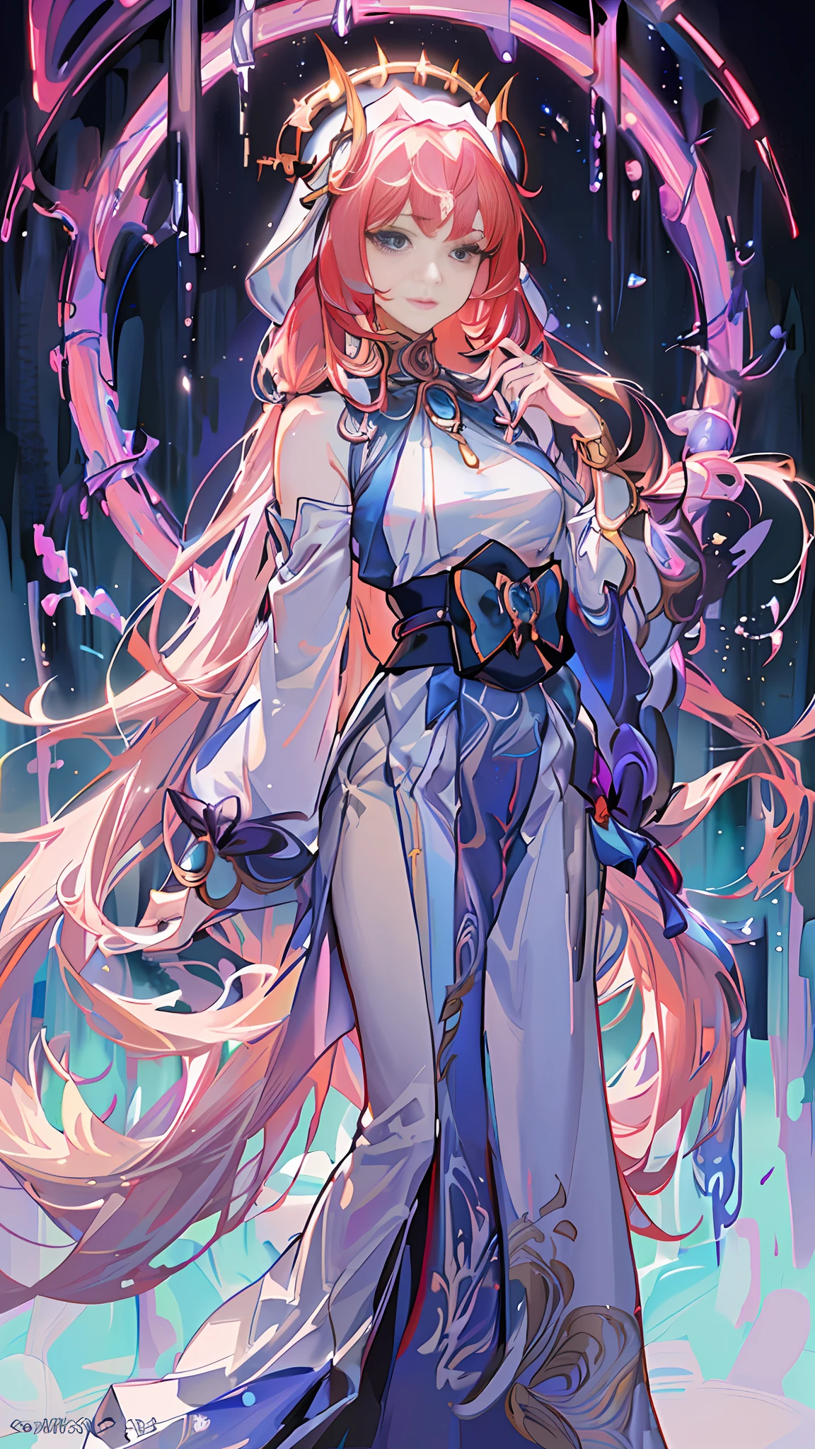 anime girl with long hair and purple dress standing in front of a circular object, white haired deity, anime goddess, beautiful anime artwork, flowing hair and long robes, anime fantasy illustration, alphonse mucha and rossdraws, beautiful anime art, anime fantasy artwork, flowing magical robe, onmyoji detailed art, detailed anime artwork, beautiful character painting, guweiz