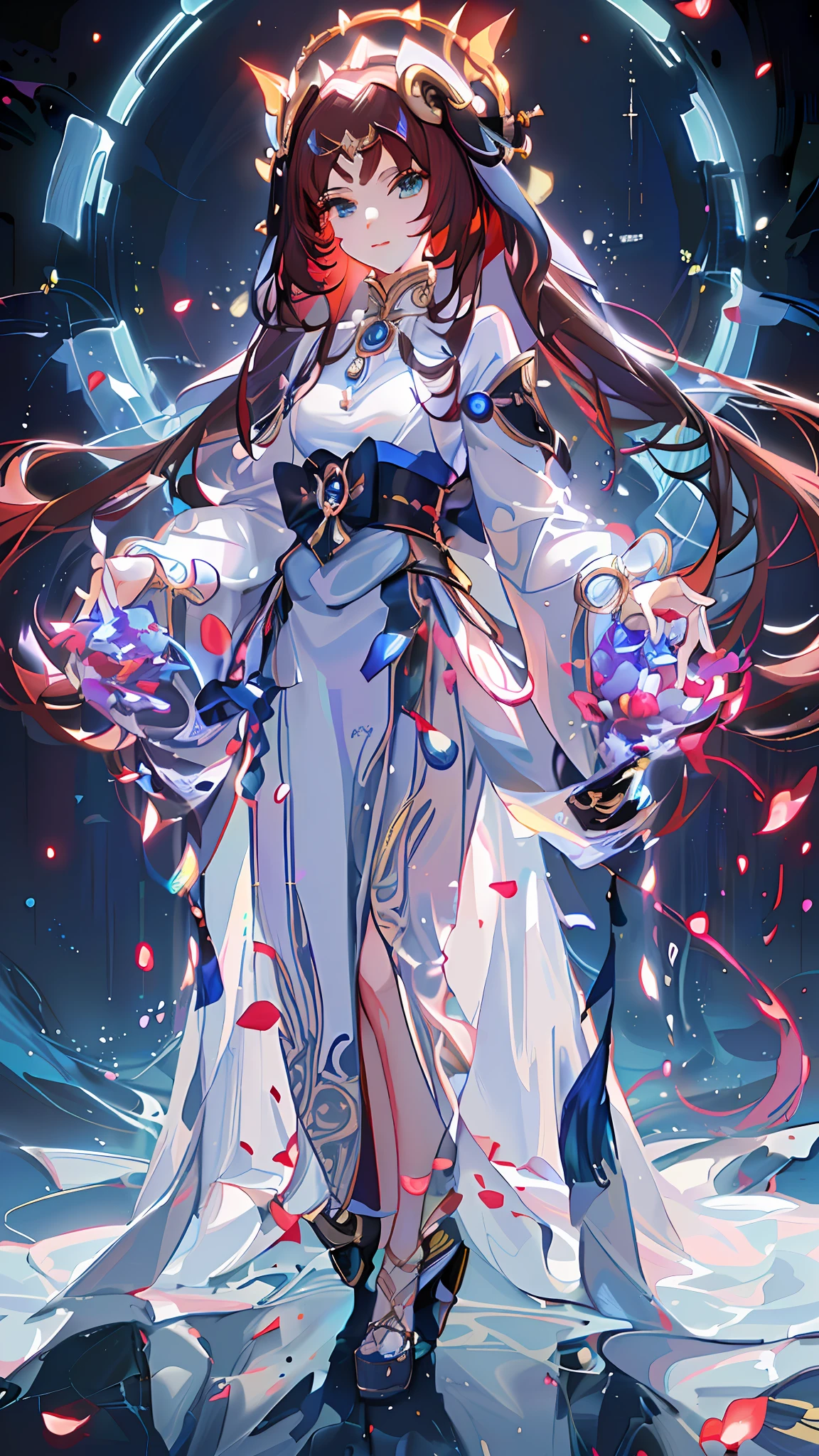 anime girl in white dress with long hair and red flowers, flowing magical robe, beautiful celestial mage, by Yang J, onmyoji detailed art, ornate flowing robe, anime goddess, flowing hair and long robes, a beautiful fantasy empress, anime fantasy illustration, beautiful character painting, ((a beautiful fantasy empress)), 2. 5 d cgi anime fantasy artwork