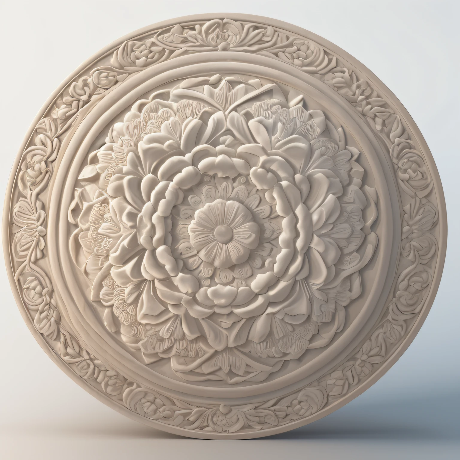White flower relief with slight protrusion on white background, meticulously carved, soft, traditional Chinese style, oriental landscape painting, dreamy, 8K, detailed detail, high resolution, realism, detailed digital 3D art, 3 D rendering stylization, detailed complex rendering, beautiful rendering of the Tang dynasty, rendering in cinema 4 D --auto