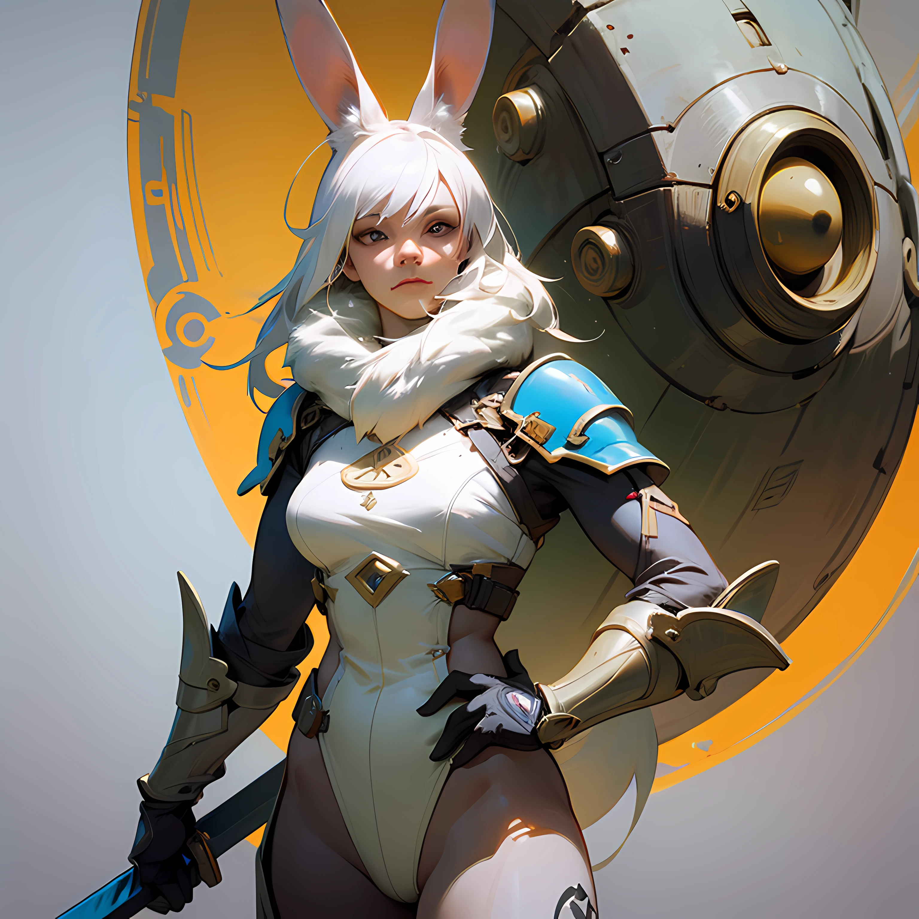 An anthropomorphic rabbit warrior, standing with a helmet and holding a sword, with white hair. Fantastic sci-fi illustration, highly detailed 4K digital art, realistic fantasy illustration, furry fantasy art, CGSociety competition winner.
