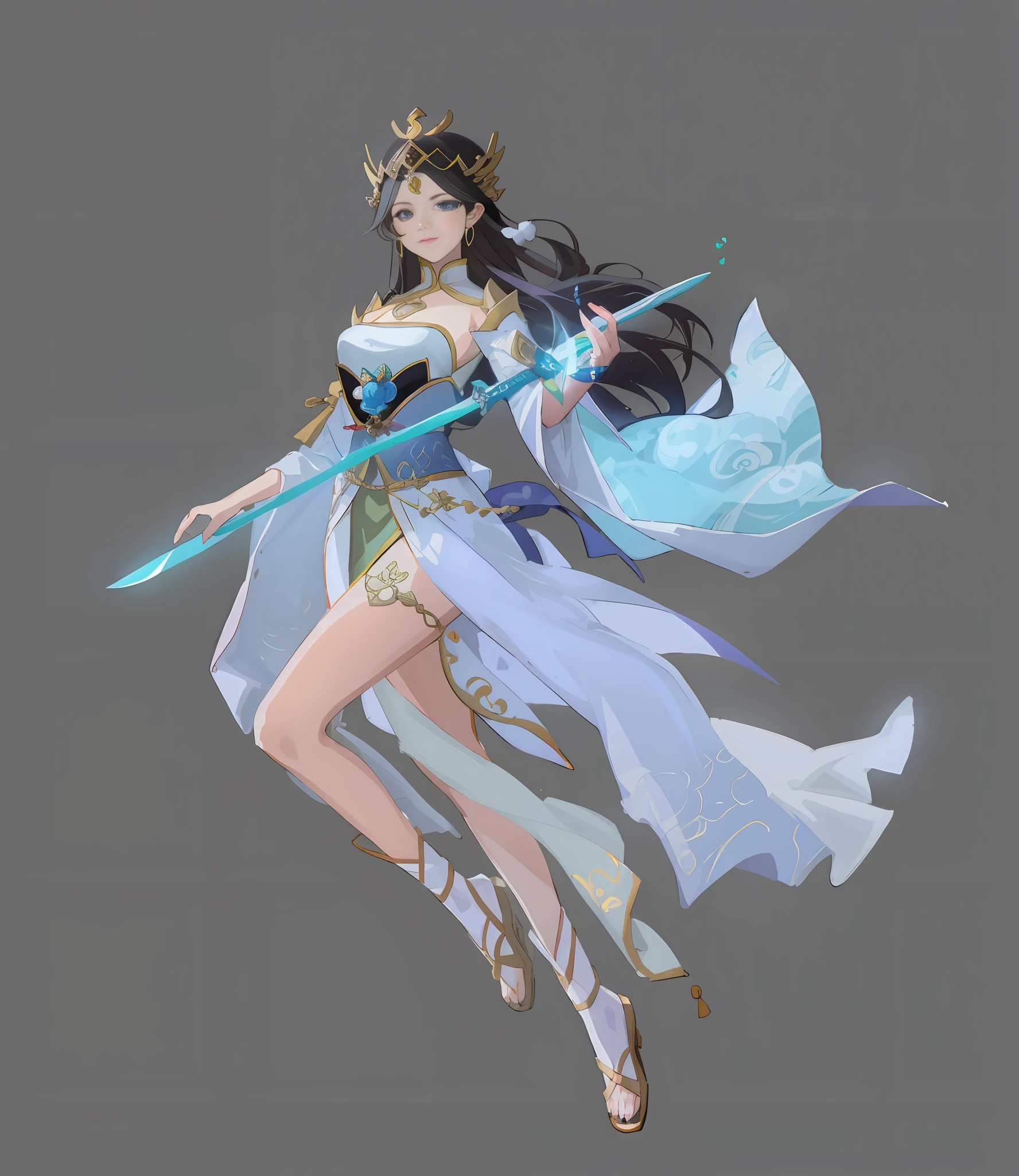 1girl, (full body)), best quality, painting, five fingers, ancient style, (normal fingers), (delicate facial features)), (detailed facial features)), standing, looking at the audience, close-up of a person in a sword costume, flowing white robe, cotton cloud mage robe, flowing hair and robe, cloud mage robe, moon theme costume, gorgeous flowing robe, beautiful celestial mage, cultivation of immortals, black hair, chinoiserie, game standing painting, game character, eyes looking at the camera, delicate eyes, Left hand holding sword, best quality, (headdress: 1.4), blue dress woman holding sword, full body fairy Xia, Yunling, beautiful fantasy queen, G Liulian art style, fairy hero, sea queen Mu Yanling, Hirose Jinyao