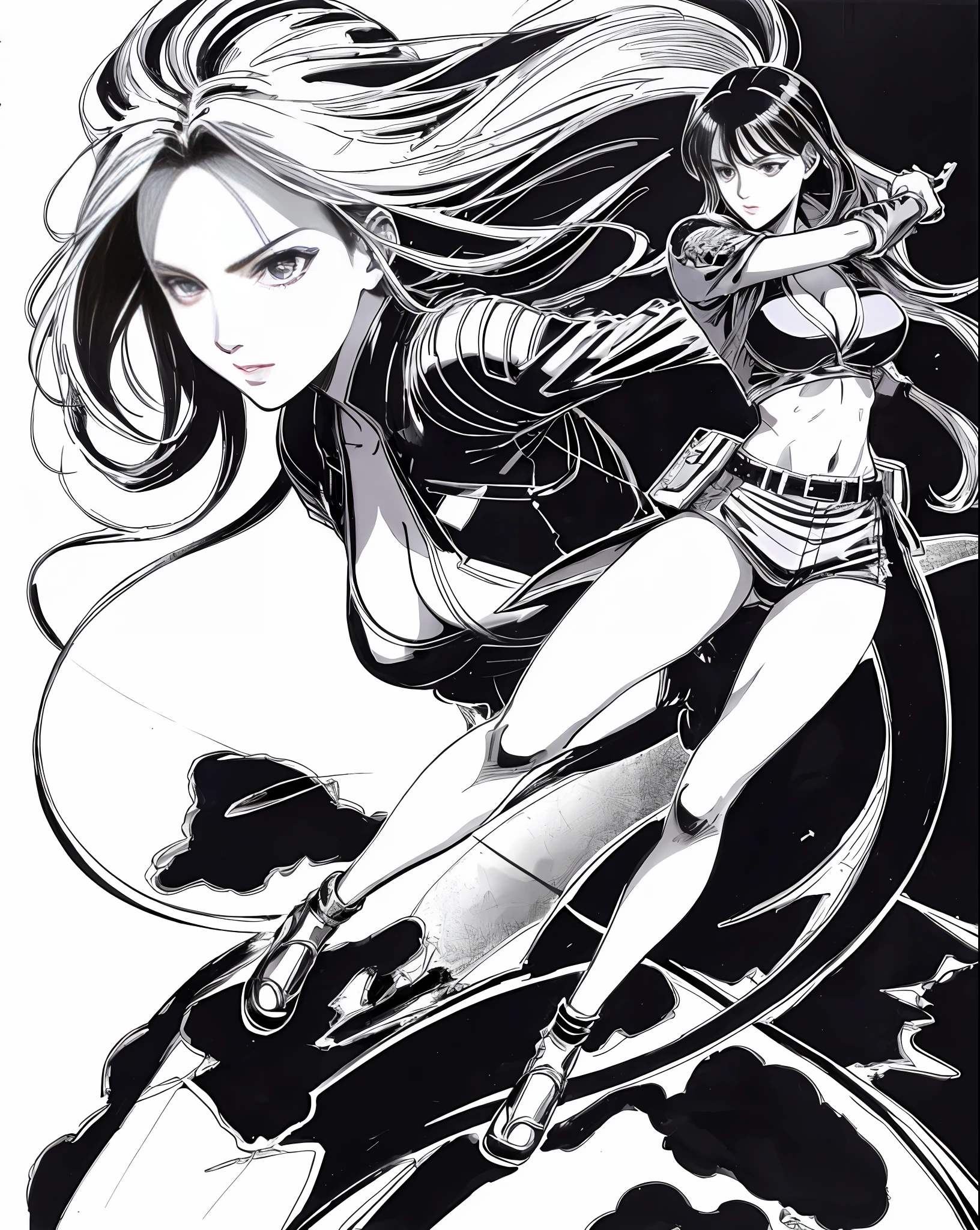 A painting of a woman with long hair and long hair, beauty in demon killer art, perfect anime body, long legs, big breasts, full body movement, 4K manga wallpaper, full body fighting pose, realistic light and shadow, beautiful line art, strong line art, ink art, brush art, Kentaro Miura manga art style, his manga full body portrait, Kentaro Miura's manga style, Shigeri Aishima illustration, highly detailed fine doujin art, Masayoshi Suto and artgerm, detailed manga style