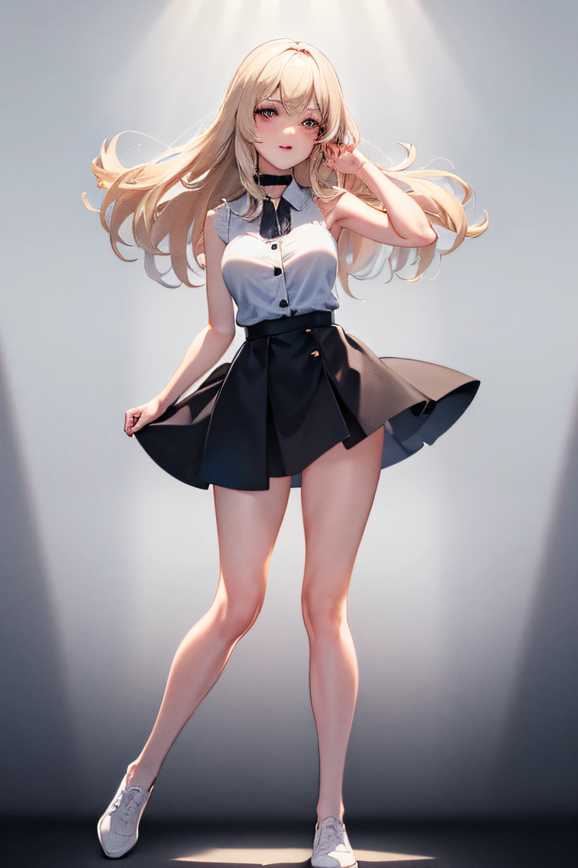 best quality, ultra high res, 1girl, sleeveless white button shirt, black skirt, black choker, cute, (Kpop idol), (aegyo sal:1), (platinum blonde hair:1), ((puffy eyes)), looking at viewer, full body, facing front