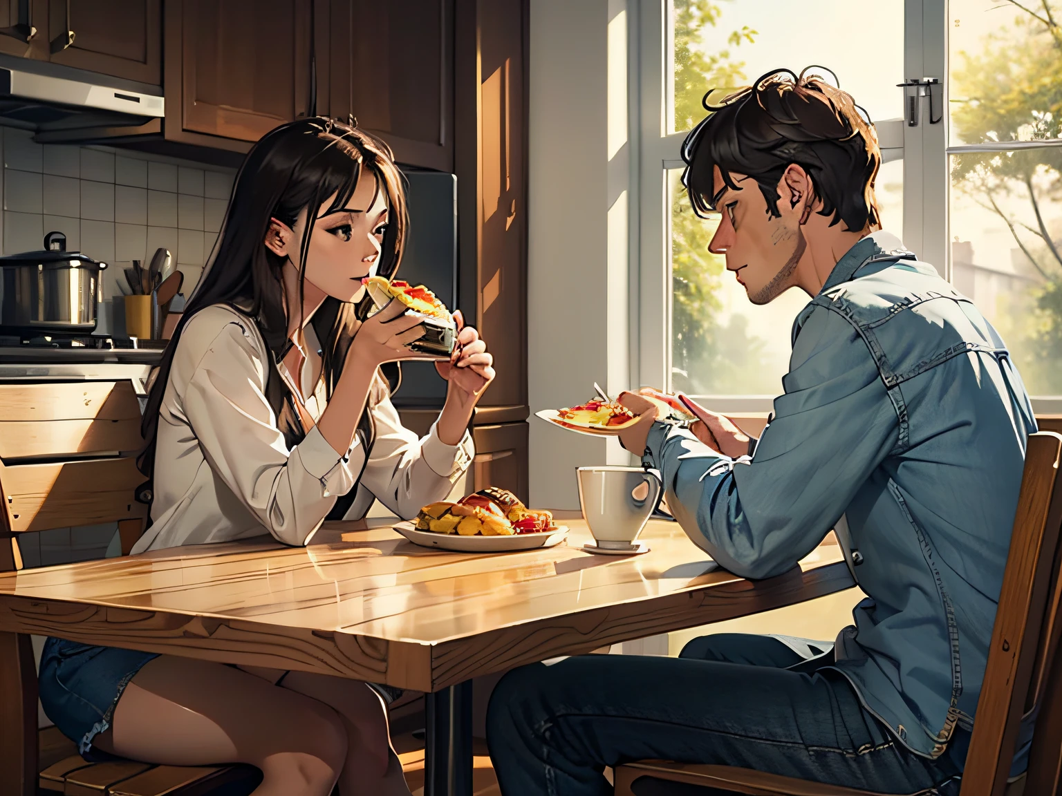 A man and a woman eat breakfast at home