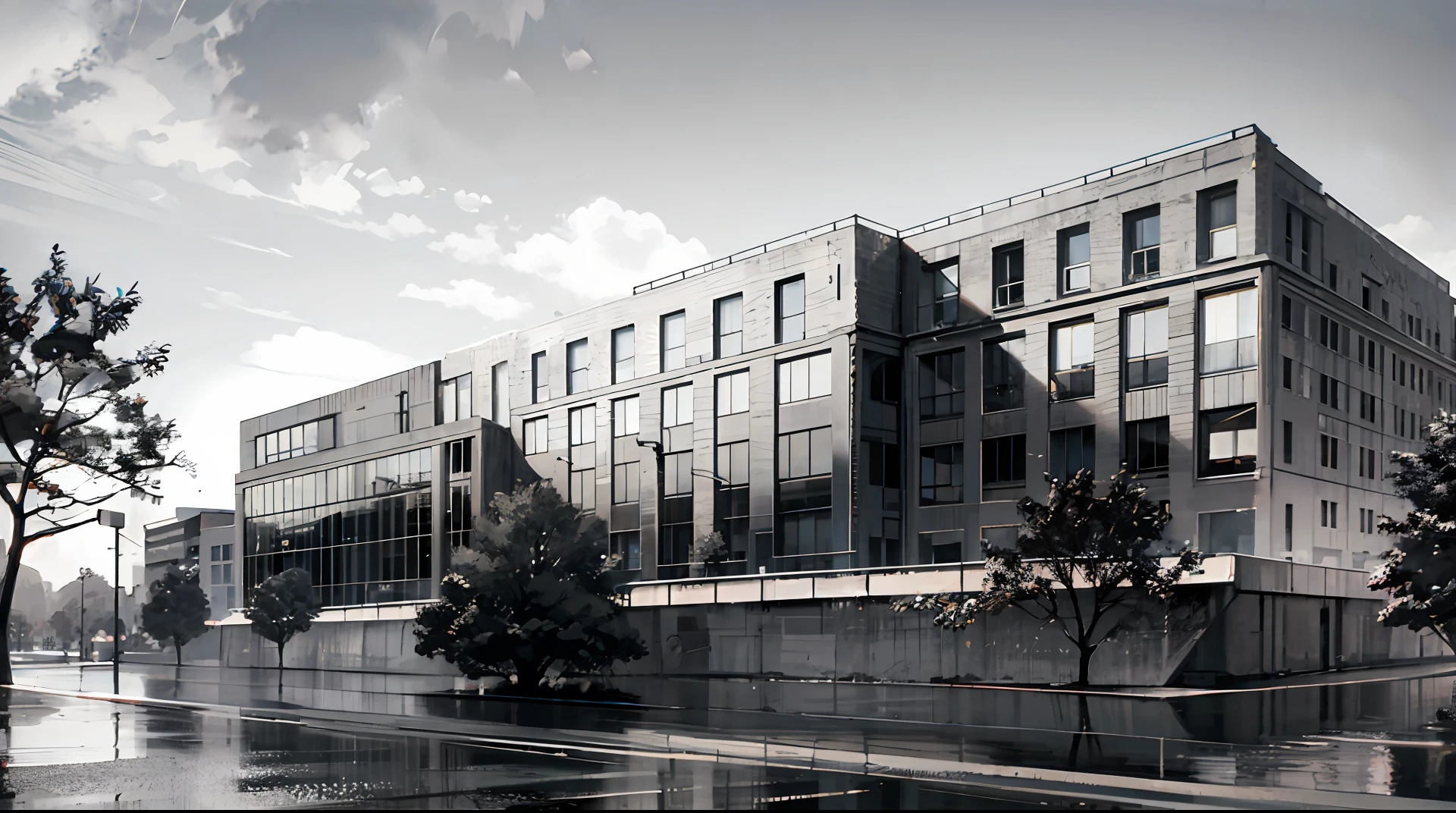 European hospital, exterior, black and white tones.